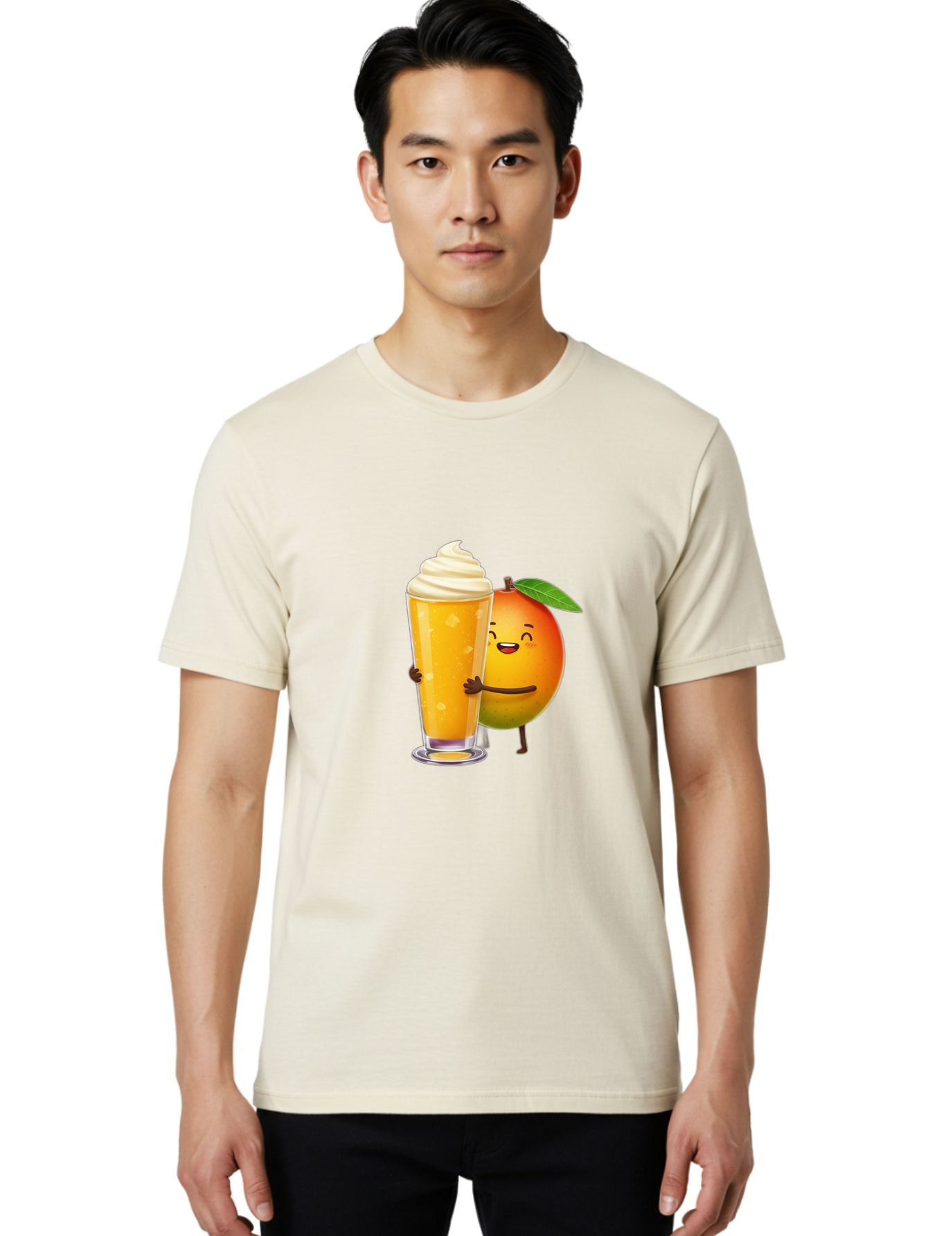 Orange-Smoothie Men'S Graphic Tee, 100% Cotton, Comfortable Casual Summer Wear, Machine Washable, Mango Smoothie, Creamy Texture, Orange Drink, Whipped Cream Topping, Cartoon Mango, Smiling Fruit, Happy Character, Refreshing Beverage, Bac204
