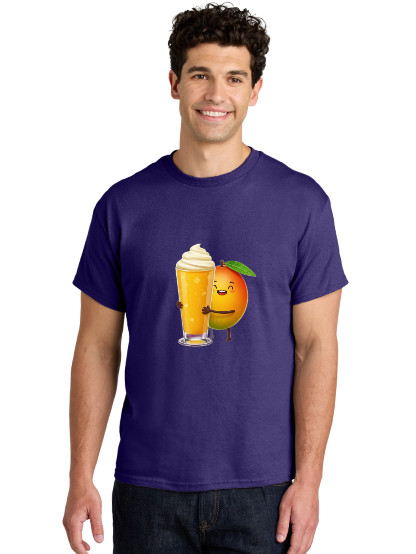 Orange-Smoothie Men'S Graphic Tee, 100% Cotton, Comfortable Casual Summer Wear, Machine Washable, Mango Smoothie, Creamy Texture, Orange Drink, Whipped Cream Topping, Cartoon Mango, Smiling Fruit, Happy Character, Refreshing Beverage, Bac204