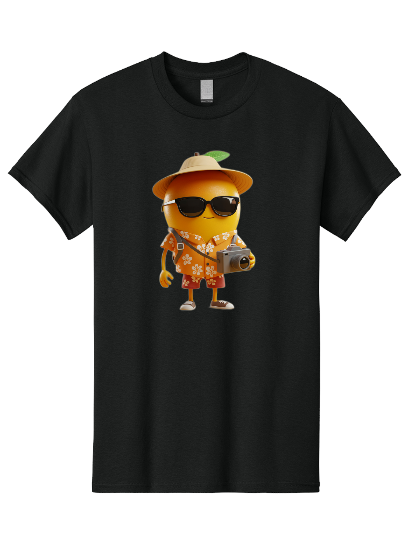 Orange-Tourist Men'S Graphic Tee, 100% Cotton, Comfortable Casual Summer Wear, Machine Washable, Cartoon Orange Character, Tourist Attire, Hawaiian Shirt, Sunglasses, Camera, Tropical Vibe, Summer Vacation, Fun And Quirky, Citrus Fruit, Bac205
