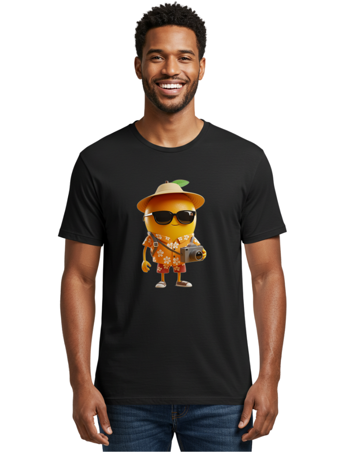 Orange-Tourist Men'S Graphic Tee, 100% Cotton, Comfortable Casual Summer Wear, Machine Washable, Cartoon Orange Character, Tourist Attire, Hawaiian Shirt, Sunglasses, Camera, Tropical Vibe, Summer Vacation, Fun And Quirky, Citrus Fruit, Bac205