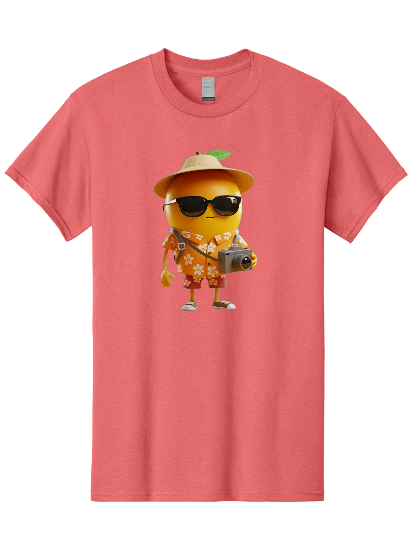 Orange-Tourist Men'S Graphic Tee, 100% Cotton, Comfortable Casual Summer Wear, Machine Washable, Cartoon Orange Character, Tourist Attire, Hawaiian Shirt, Sunglasses, Camera, Tropical Vibe, Summer Vacation, Fun And Quirky, Citrus Fruit, Bac205