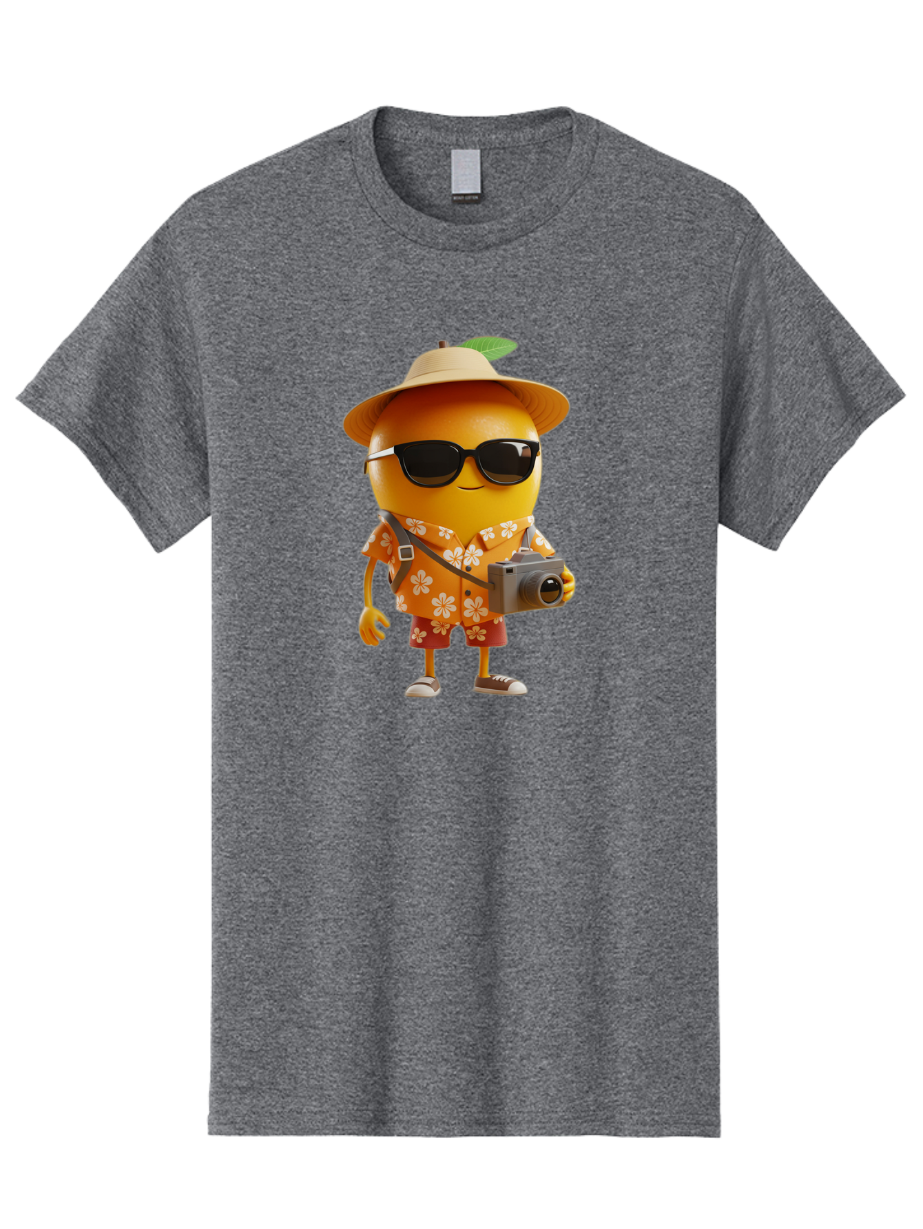 Orange-Tourist Men'S Graphic Tee, 100% Cotton, Comfortable Casual Summer Wear, Machine Washable, Cartoon Orange Character, Tourist Attire, Hawaiian Shirt, Sunglasses, Camera, Tropical Vibe, Summer Vacation, Fun And Quirky, Citrus Fruit, Bac205