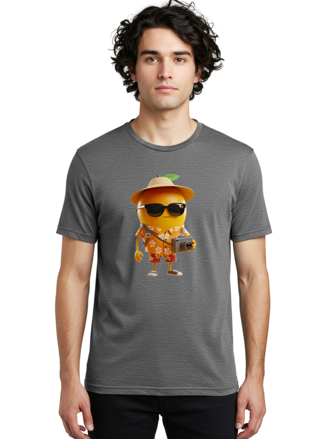 Orange-Tourist Men'S Graphic Tee, 100% Cotton, Comfortable Casual Summer Wear, Machine Washable, Cartoon Orange Character, Tourist Attire, Hawaiian Shirt, Sunglasses, Camera, Tropical Vibe, Summer Vacation, Fun And Quirky, Citrus Fruit, Bac205