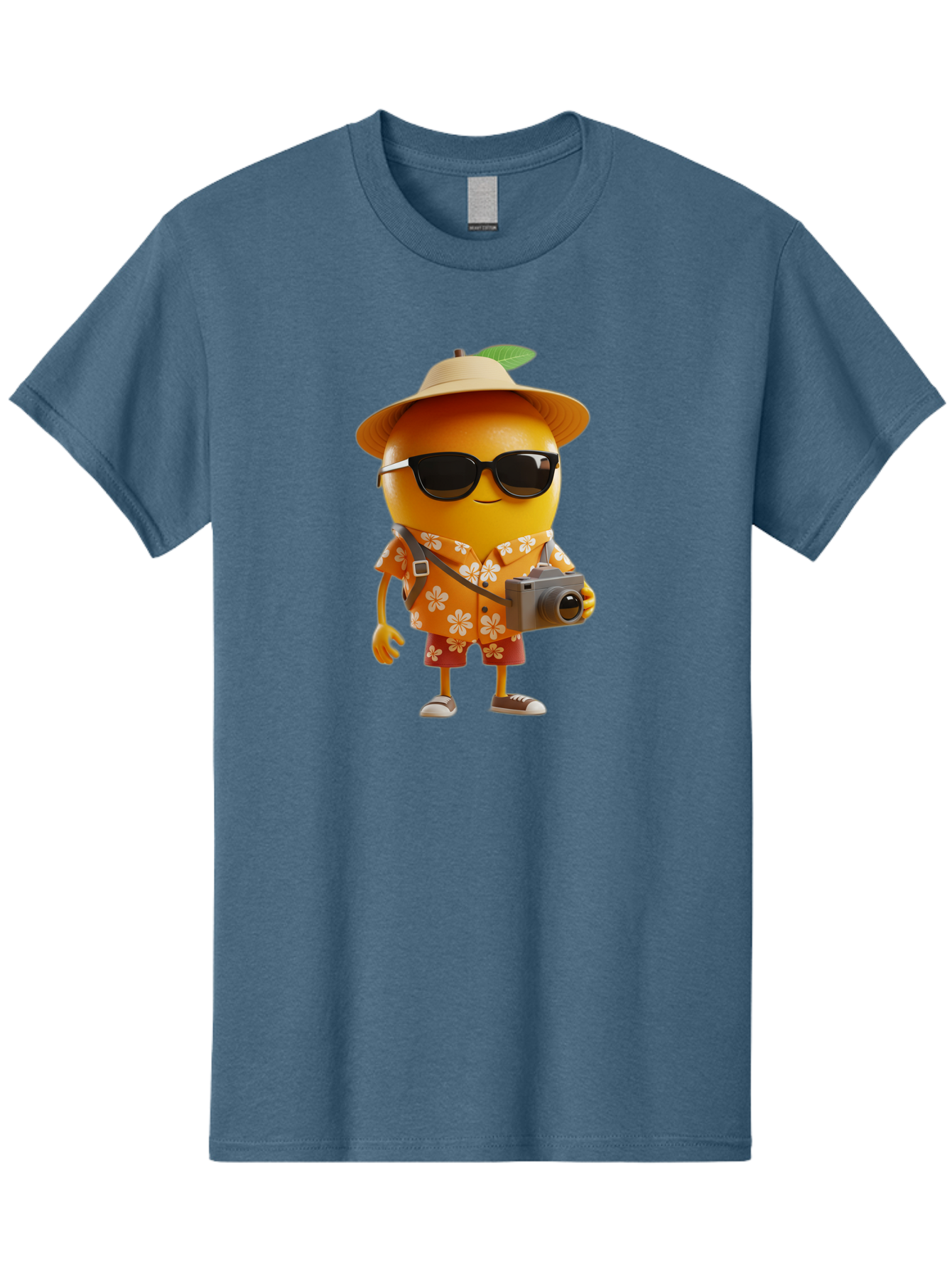 Orange-Tourist Men'S Graphic Tee, 100% Cotton, Comfortable Casual Summer Wear, Machine Washable, Cartoon Orange Character, Tourist Attire, Hawaiian Shirt, Sunglasses, Camera, Tropical Vibe, Summer Vacation, Fun And Quirky, Citrus Fruit, Bac205