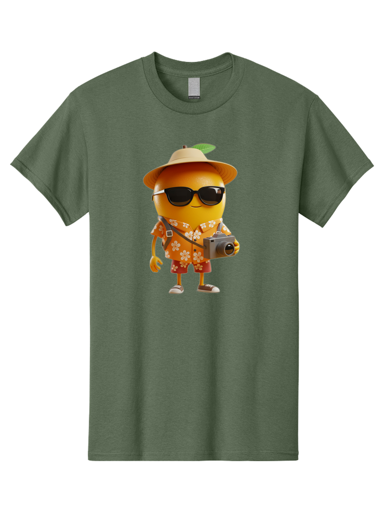 Orange-Tourist Men'S Graphic Tee, 100% Cotton, Comfortable Casual Summer Wear, Machine Washable, Cartoon Orange Character, Tourist Attire, Hawaiian Shirt, Sunglasses, Camera, Tropical Vibe, Summer Vacation, Fun And Quirky, Citrus Fruit, Bac205
