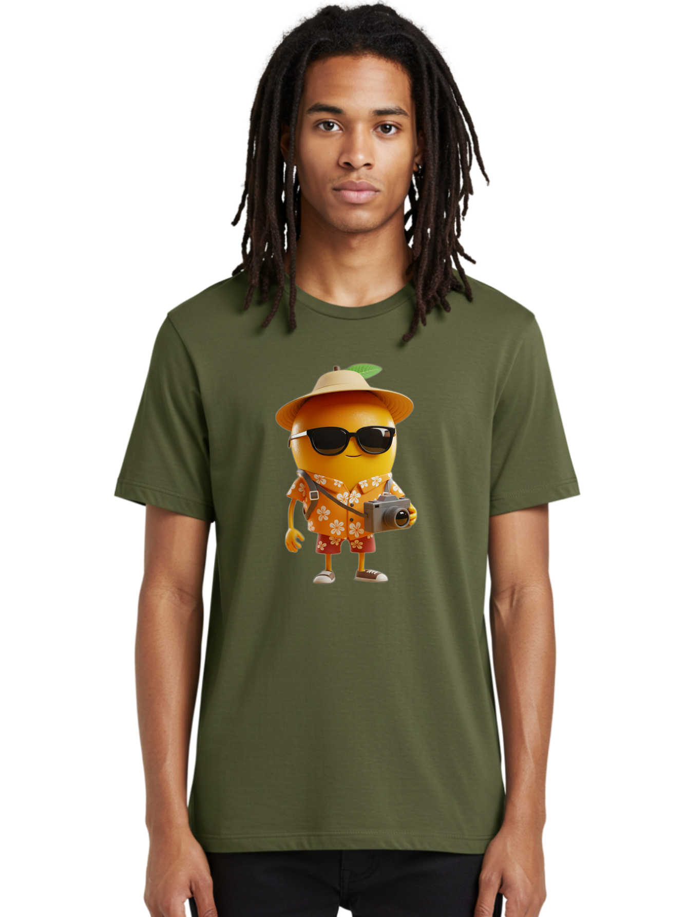 Orange-Tourist Men'S Graphic Tee, 100% Cotton, Comfortable Casual Summer Wear, Machine Washable, Cartoon Orange Character, Tourist Attire, Hawaiian Shirt, Sunglasses, Camera, Tropical Vibe, Summer Vacation, Fun And Quirky, Citrus Fruit, Bac205