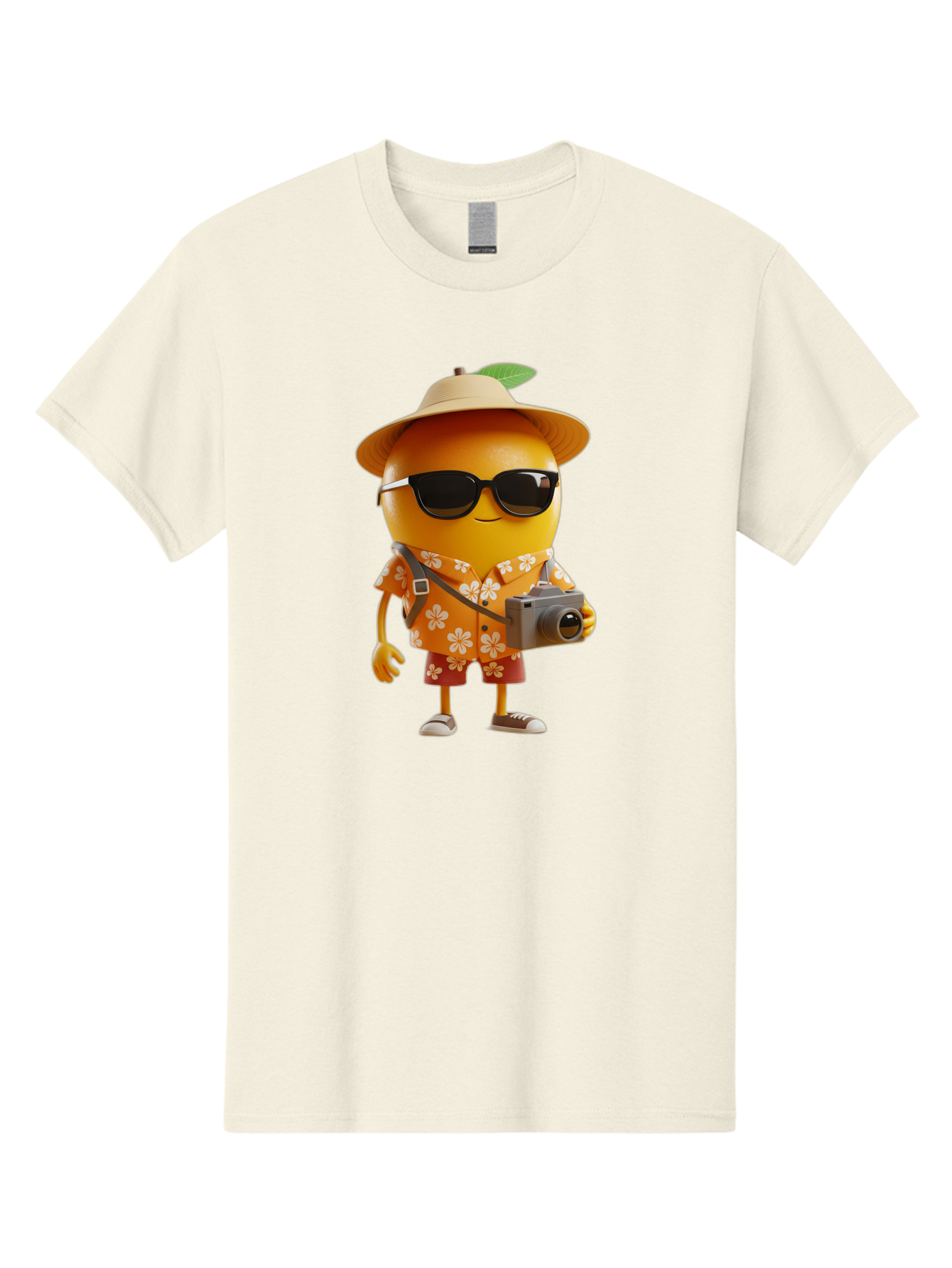 Orange-Tourist Men'S Graphic Tee, 100% Cotton, Comfortable Casual Summer Wear, Machine Washable, Cartoon Orange Character, Tourist Attire, Hawaiian Shirt, Sunglasses, Camera, Tropical Vibe, Summer Vacation, Fun And Quirky, Citrus Fruit, Bac205