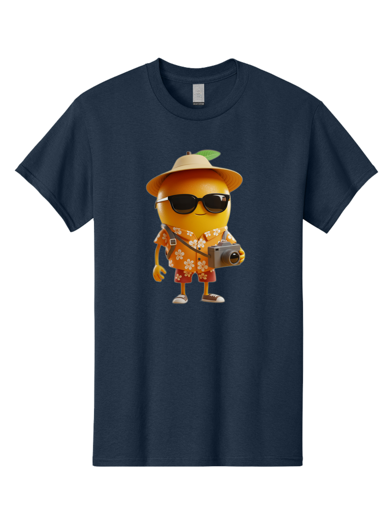 Orange-Tourist Men'S Graphic Tee, 100% Cotton, Comfortable Casual Summer Wear, Machine Washable, Cartoon Orange Character, Tourist Attire, Hawaiian Shirt, Sunglasses, Camera, Tropical Vibe, Summer Vacation, Fun And Quirky, Citrus Fruit, Bac205