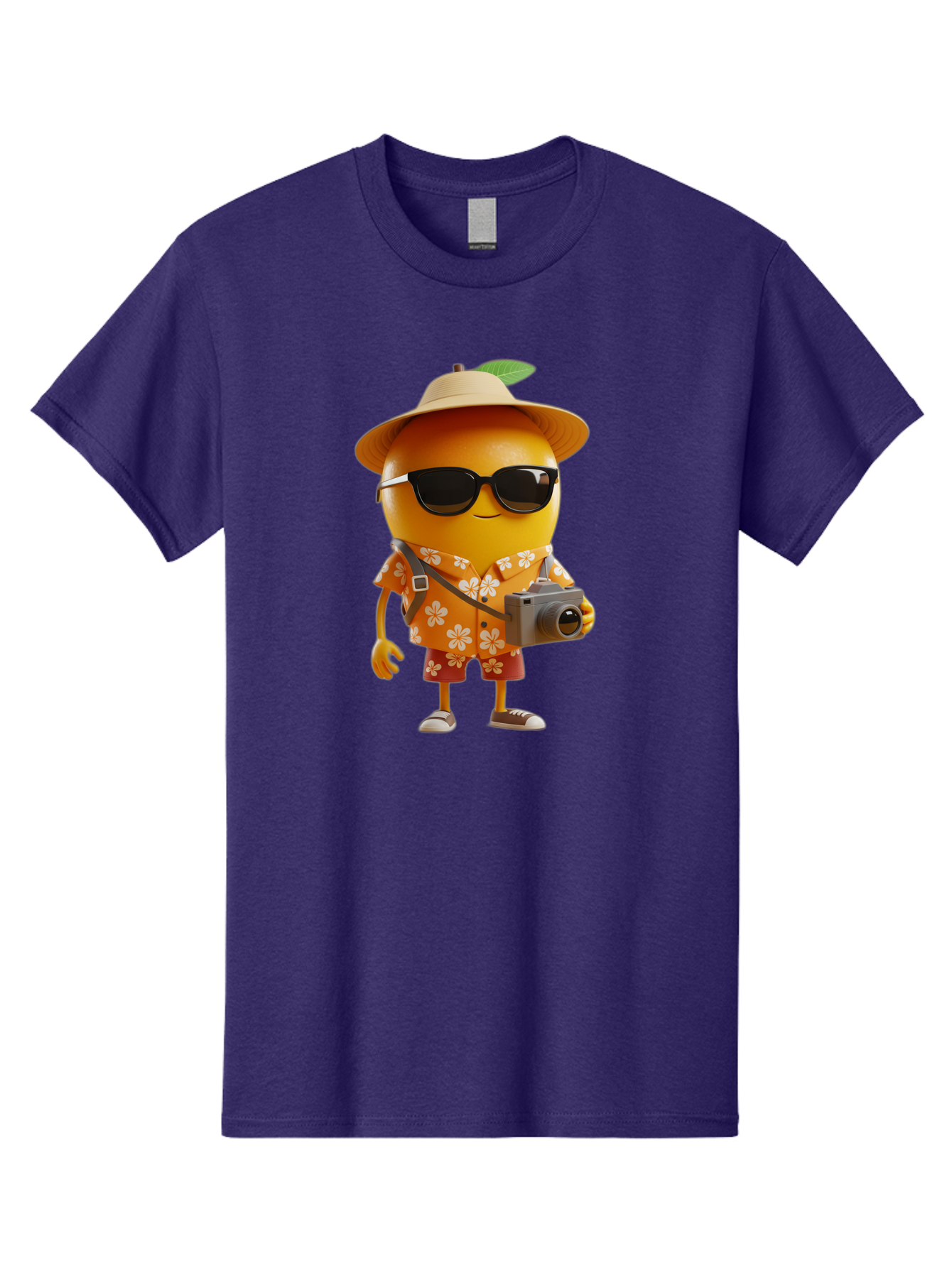 Orange-Tourist Men'S Graphic Tee, 100% Cotton, Comfortable Casual Summer Wear, Machine Washable, Cartoon Orange Character, Tourist Attire, Hawaiian Shirt, Sunglasses, Camera, Tropical Vibe, Summer Vacation, Fun And Quirky, Citrus Fruit, Bac205