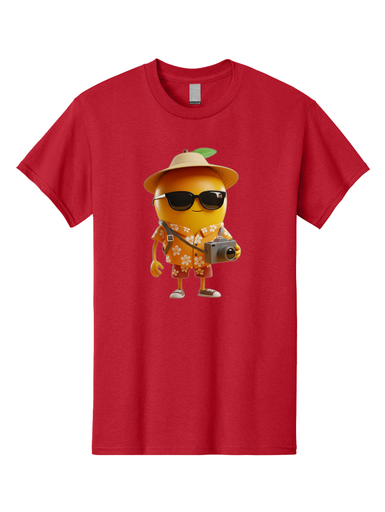 Orange-Tourist Men'S Graphic Tee, 100% Cotton, Comfortable Casual Summer Wear, Machine Washable, Cartoon Orange Character, Tourist Attire, Hawaiian Shirt, Sunglasses, Camera, Tropical Vibe, Summer Vacation, Fun And Quirky, Citrus Fruit, Bac205