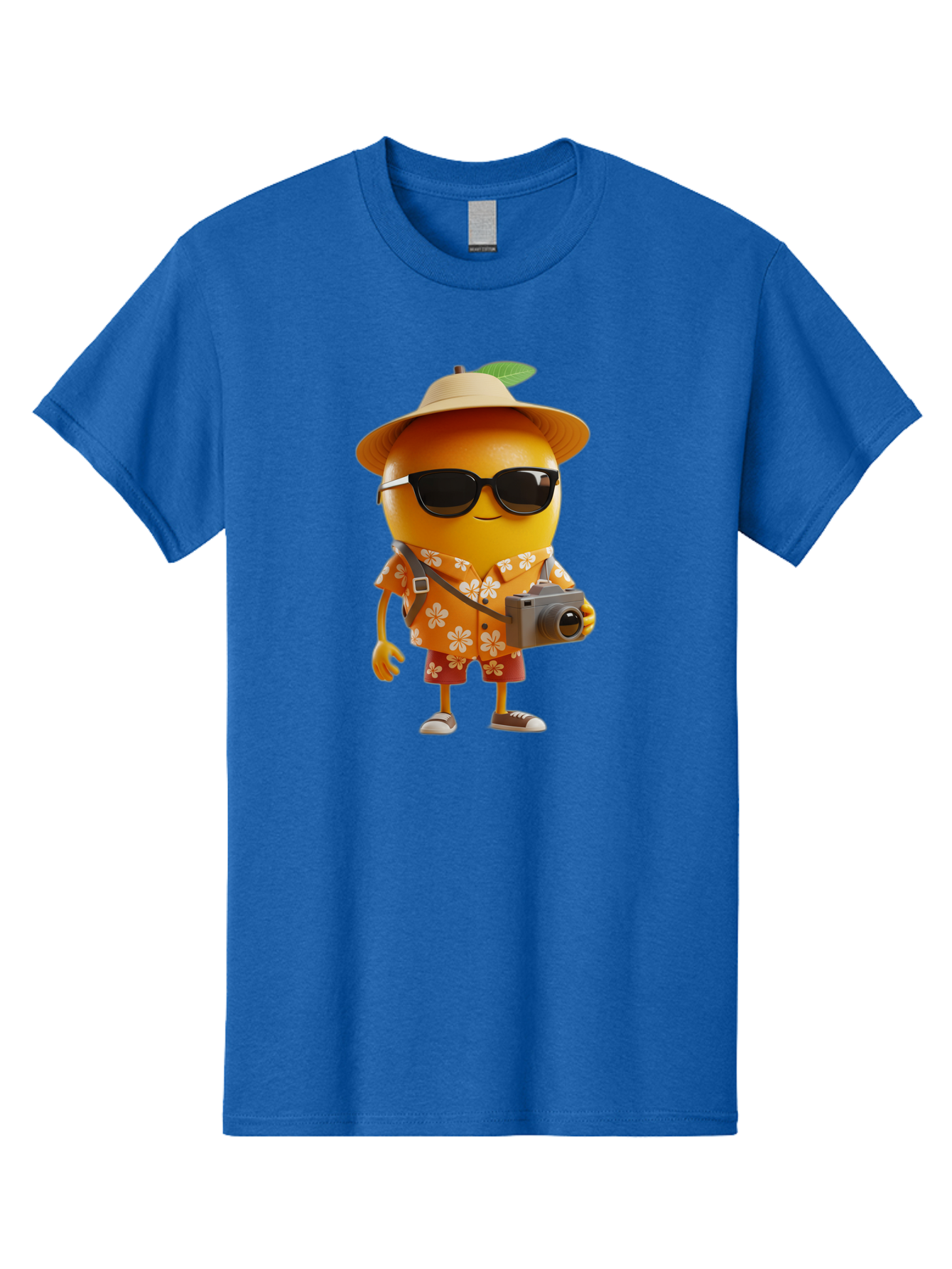 Orange-Tourist Men'S Graphic Tee, 100% Cotton, Comfortable Casual Summer Wear, Machine Washable, Cartoon Orange Character, Tourist Attire, Hawaiian Shirt, Sunglasses, Camera, Tropical Vibe, Summer Vacation, Fun And Quirky, Citrus Fruit, Bac205