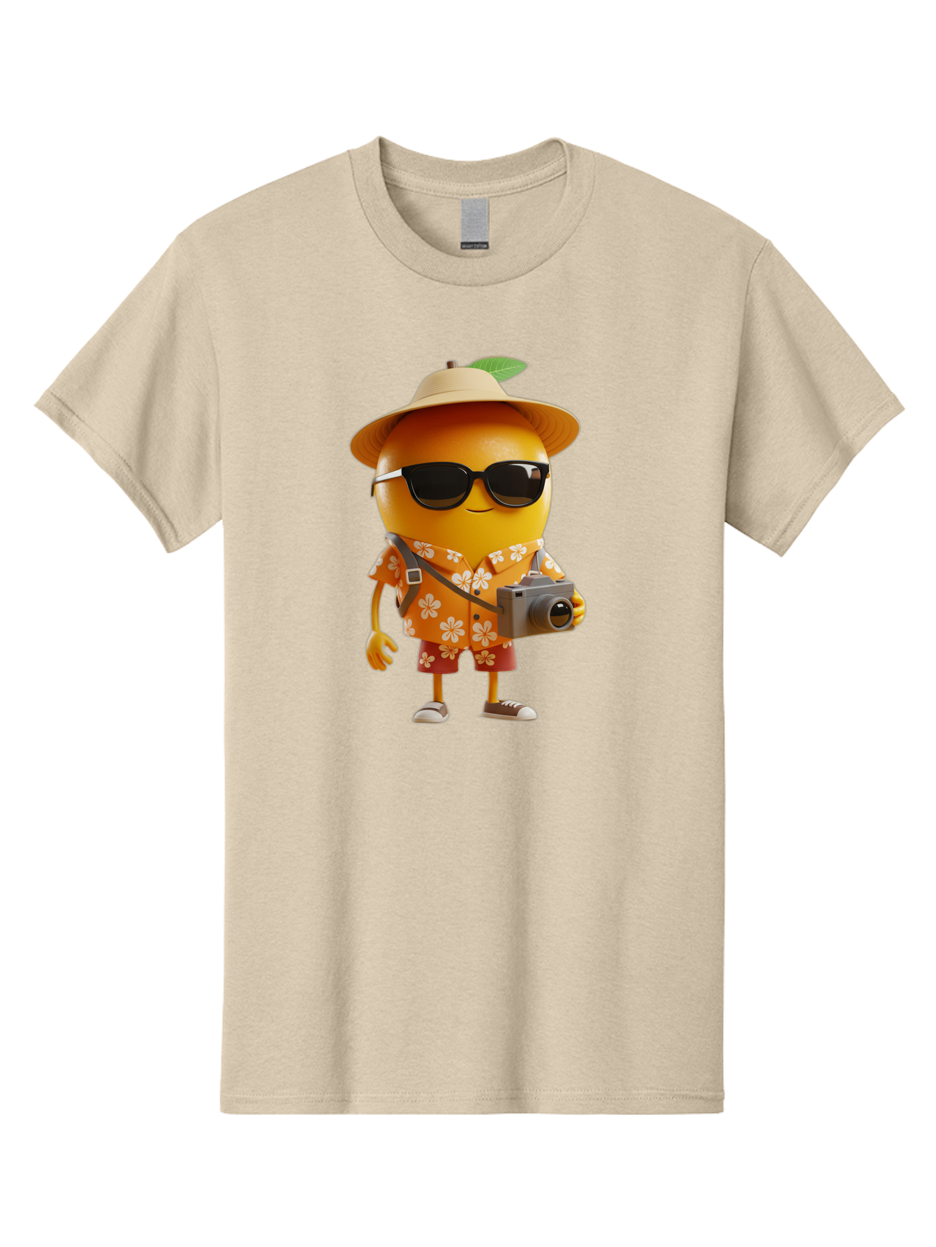 Orange-Tourist Men'S Graphic Tee, 100% Cotton, Comfortable Casual Summer Wear, Machine Washable, Cartoon Orange Character, Tourist Attire, Hawaiian Shirt, Sunglasses, Camera, Tropical Vibe, Summer Vacation, Fun And Quirky, Citrus Fruit, Bac205