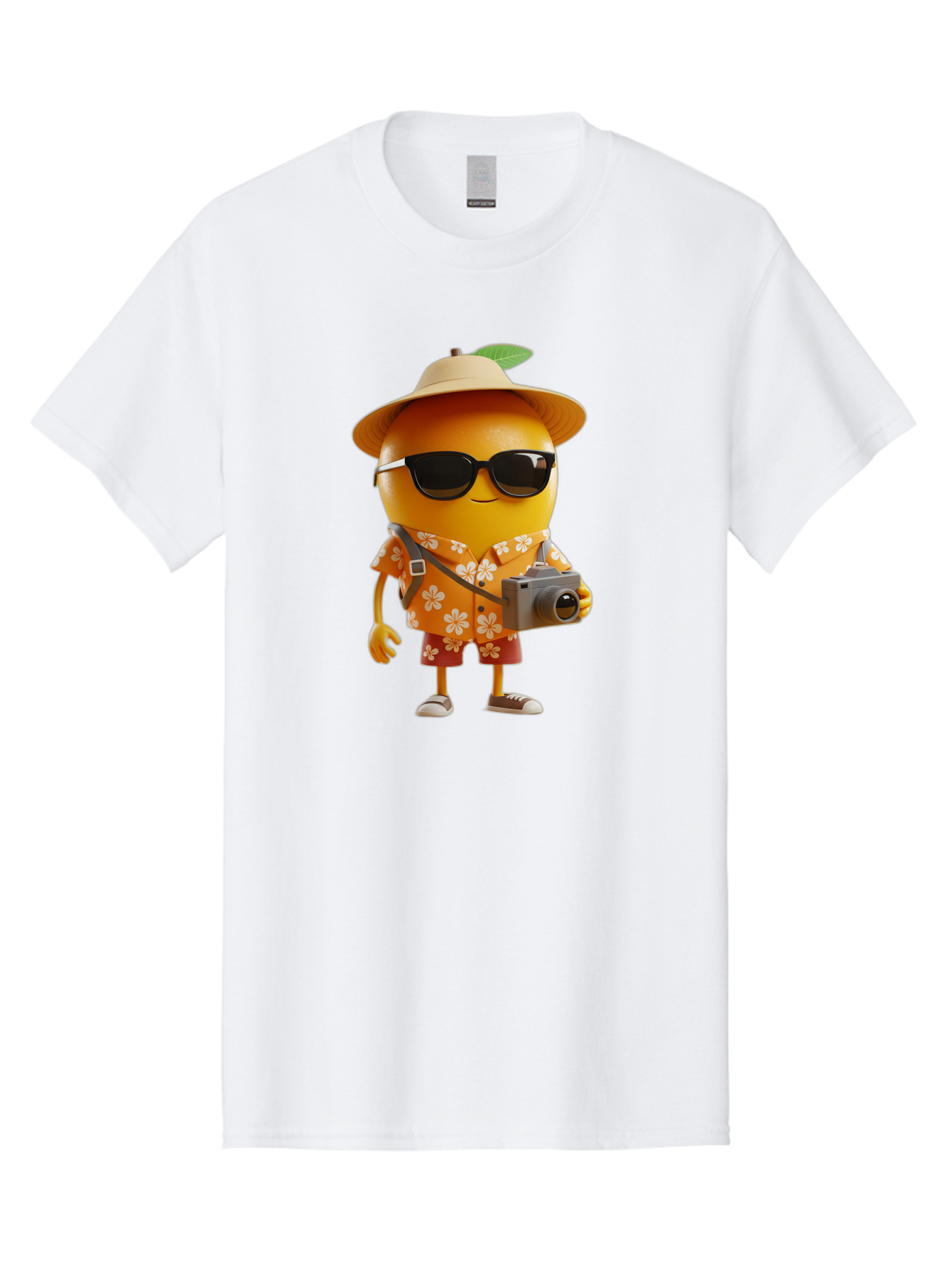 Orange-Tourist Men'S Graphic Tee, 100% Cotton, Comfortable Casual Summer Wear, Machine Washable, Cartoon Orange Character, Tourist Attire, Hawaiian Shirt, Sunglasses, Camera, Tropical Vibe, Summer Vacation, Fun And Quirky, Citrus Fruit, Bac205