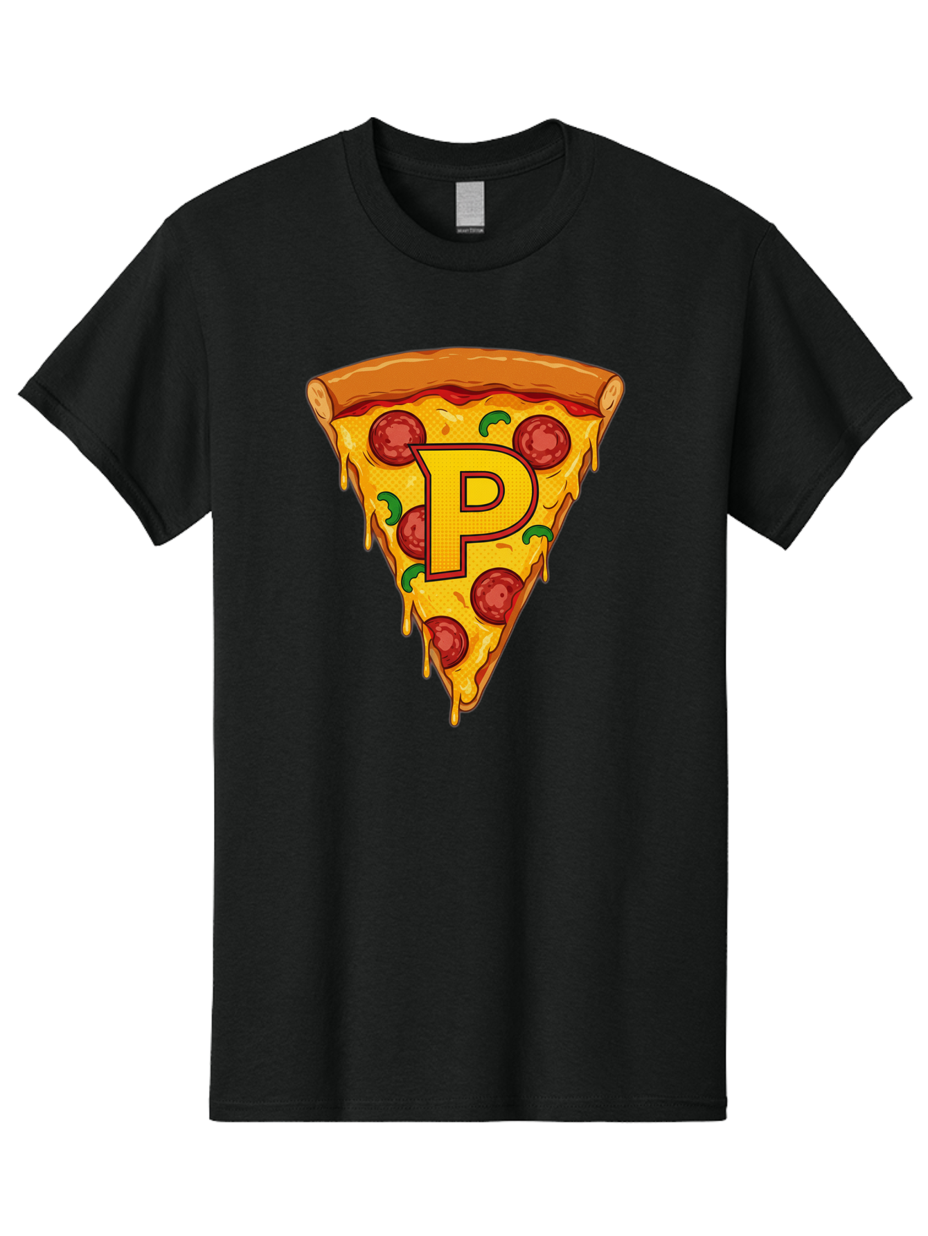 P-Pizza-Slice Men'S Graphic Tee, 100% Cotton, Comfortable Casual Summer Wear, Machine Washable, Pizza Slice, Melted Cheese, Pepperoni Toppings, Green Peppers, Italian Food, Letter P, Cartoon Style, Food Illustration, Cheesy Goodness, Bac206