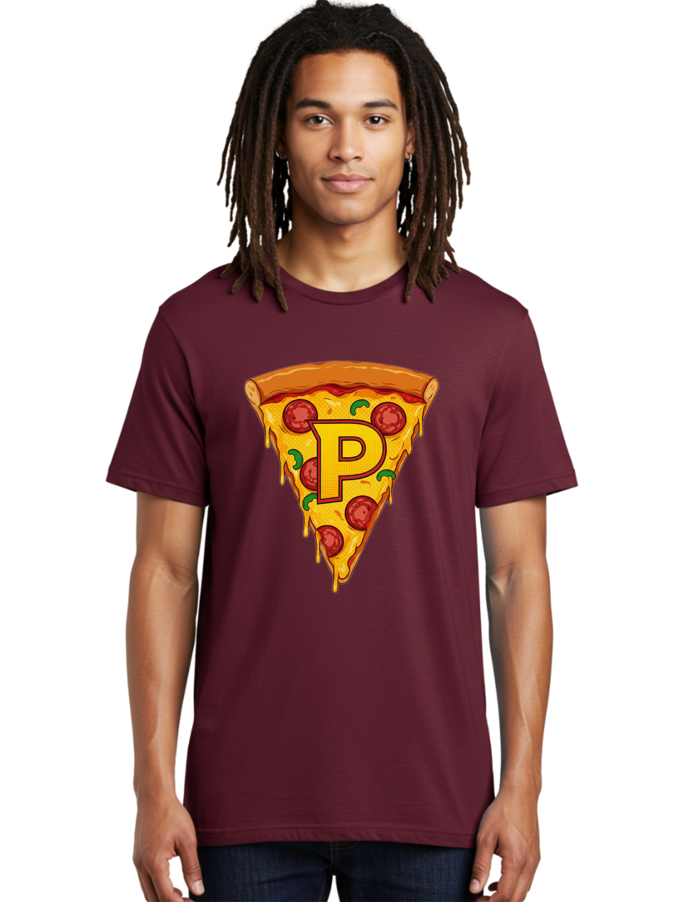 P-Pizza-Slice Men'S Graphic Tee, 100% Cotton, Comfortable Casual Summer Wear, Machine Washable, Pizza Slice, Melted Cheese, Pepperoni Toppings, Green Peppers, Italian Food, Letter P, Cartoon Style, Food Illustration, Cheesy Goodness, Bac206