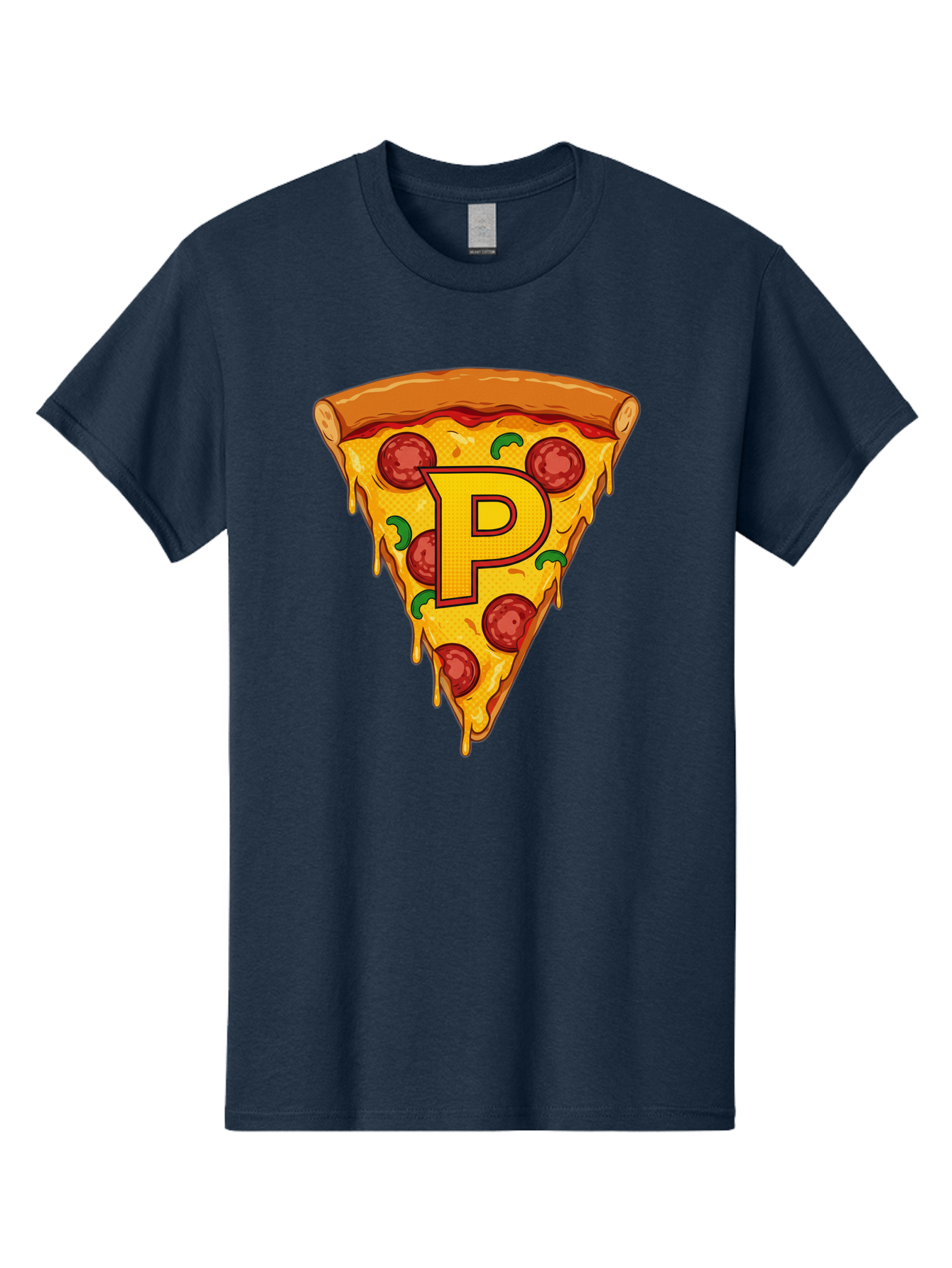 P-Pizza-Slice Men'S Graphic Tee, 100% Cotton, Comfortable Casual Summer Wear, Machine Washable, Pizza Slice, Melted Cheese, Pepperoni Toppings, Green Peppers, Italian Food, Letter P, Cartoon Style, Food Illustration, Cheesy Goodness, Bac206
