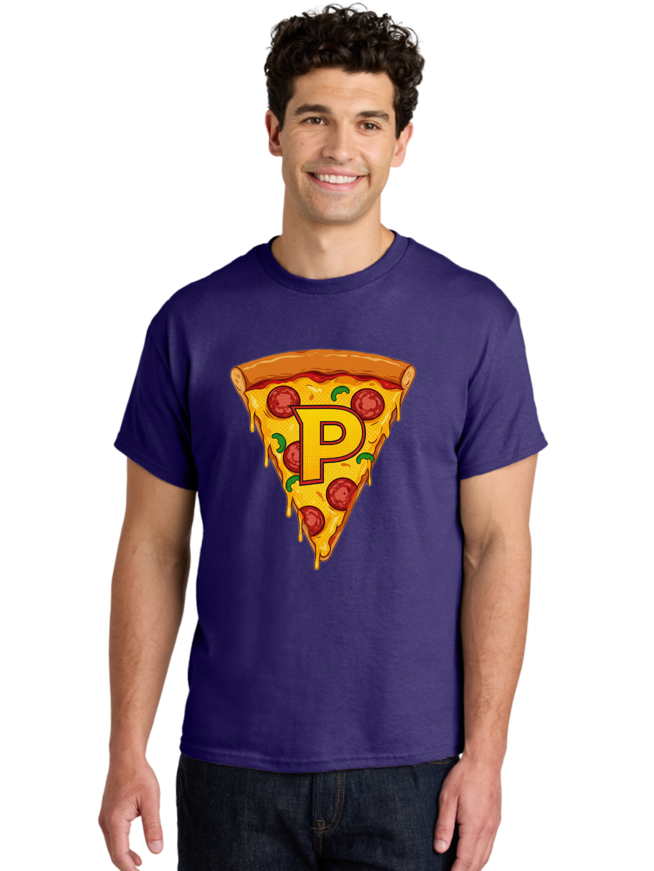 P-Pizza-Slice Men'S Graphic Tee, 100% Cotton, Comfortable Casual Summer Wear, Machine Washable, Pizza Slice, Melted Cheese, Pepperoni Toppings, Green Peppers, Italian Food, Letter P, Cartoon Style, Food Illustration, Cheesy Goodness, Bac206