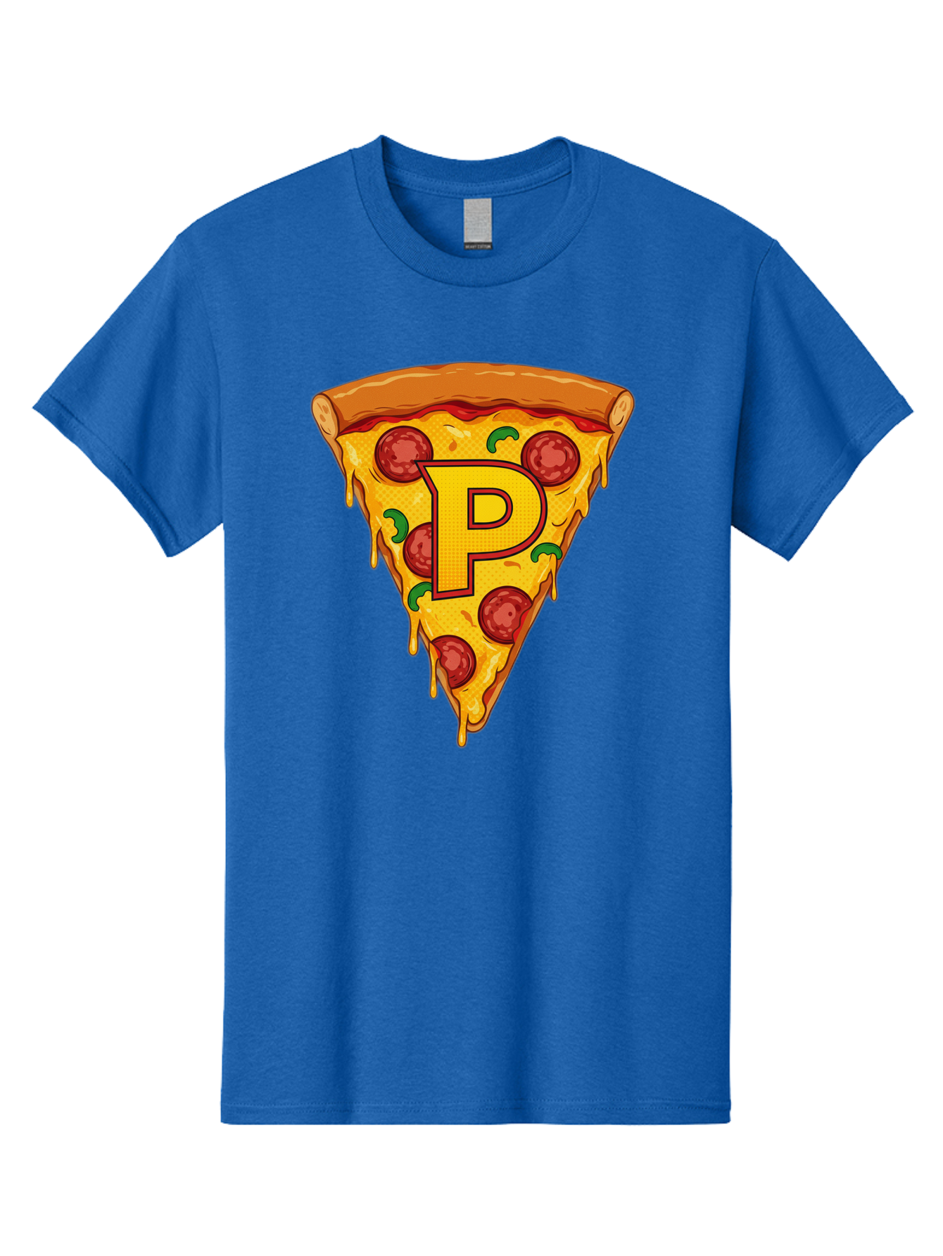 P-Pizza-Slice Men'S Graphic Tee, 100% Cotton, Comfortable Casual Summer Wear, Machine Washable, Pizza Slice, Melted Cheese, Pepperoni Toppings, Green Peppers, Italian Food, Letter P, Cartoon Style, Food Illustration, Cheesy Goodness, Bac206