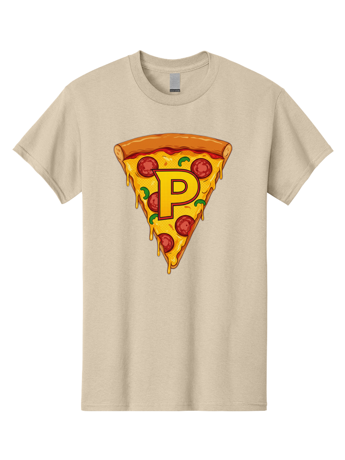 P-Pizza-Slice Men'S Graphic Tee, 100% Cotton, Comfortable Casual Summer Wear, Machine Washable, Pizza Slice, Melted Cheese, Pepperoni Toppings, Green Peppers, Italian Food, Letter P, Cartoon Style, Food Illustration, Cheesy Goodness, Bac206