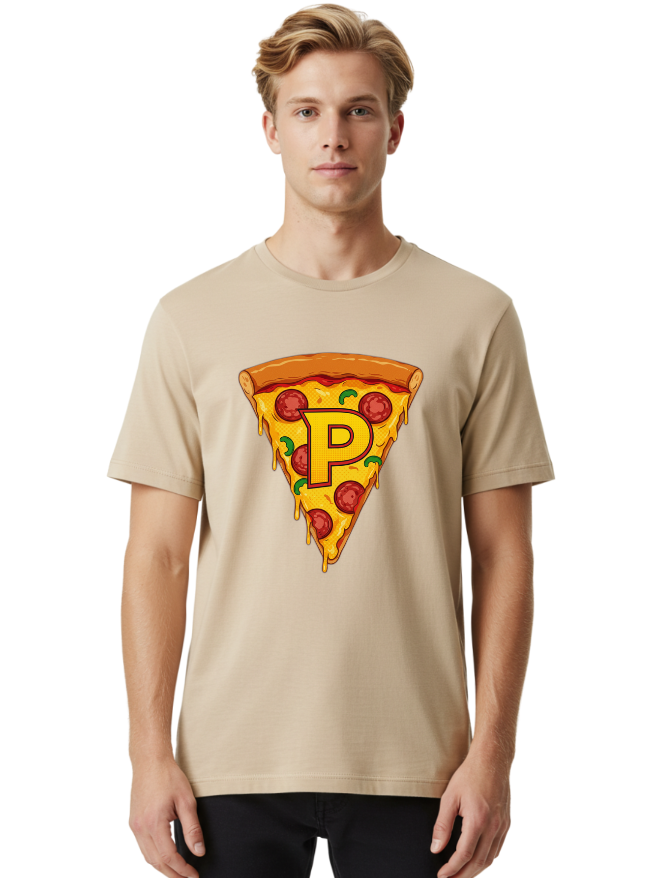 P-Pizza-Slice Men'S Graphic Tee, 100% Cotton, Comfortable Casual Summer Wear, Machine Washable, Pizza Slice, Melted Cheese, Pepperoni Toppings, Green Peppers, Italian Food, Letter P, Cartoon Style, Food Illustration, Cheesy Goodness, Bac206