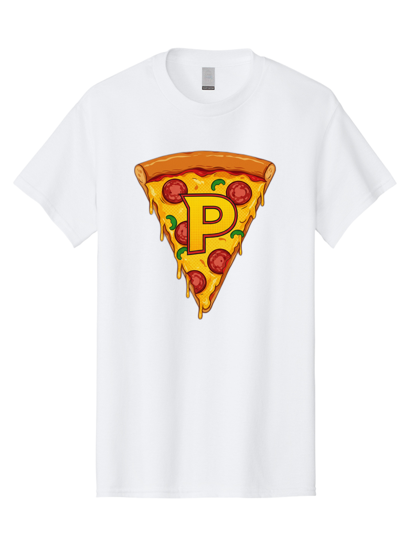 P-Pizza-Slice Men'S Graphic Tee, 100% Cotton, Comfortable Casual Summer Wear, Machine Washable, Pizza Slice, Melted Cheese, Pepperoni Toppings, Green Peppers, Italian Food, Letter P, Cartoon Style, Food Illustration, Cheesy Goodness, Bac206