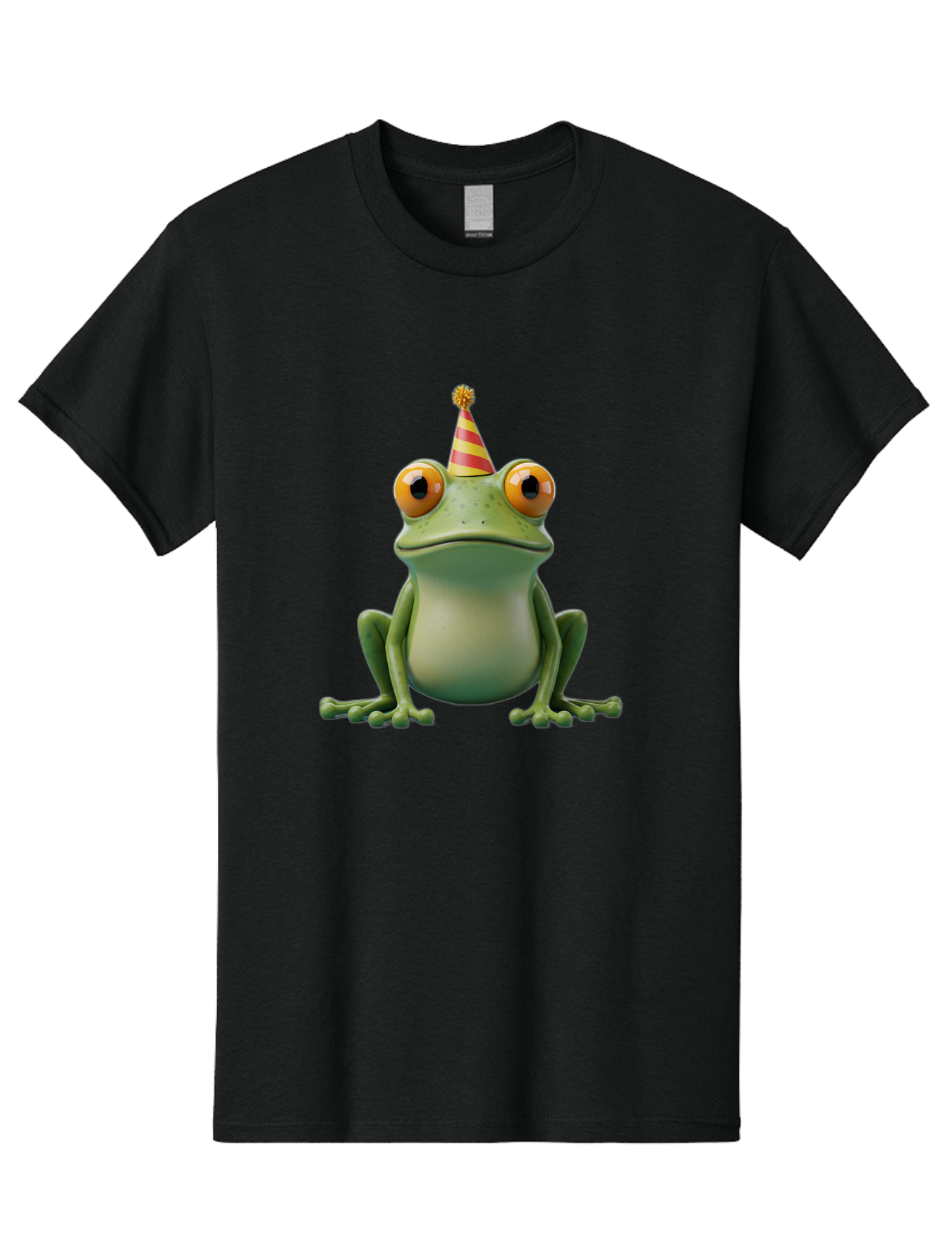 Party-Frog-1 Men'S Graphic Tee, 100% Cotton, Comfortable Casual Summer Wear, Machine Washable, Funny Frog, Cartoon Character, Party Hat, Celebration Theme, Festive Atmosphere, Birthday Party, Humorous Illustration, 3D Rendering, Comical Eyes Bac209