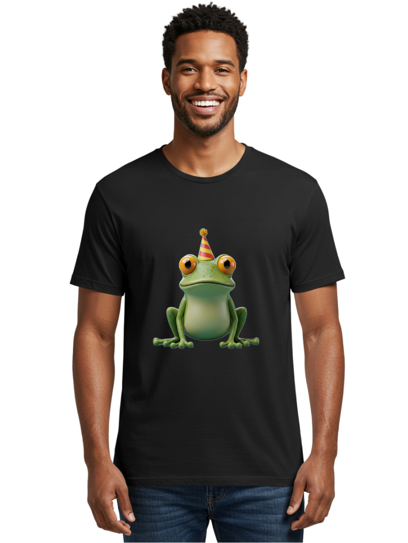 Party-Frog-1 Men'S Graphic Tee, 100% Cotton, Comfortable Casual Summer Wear, Machine Washable, Funny Frog, Cartoon Character, Party Hat, Celebration Theme, Festive Atmosphere, Birthday Party, Humorous Illustration, 3D Rendering, Comical Eyes Bac209