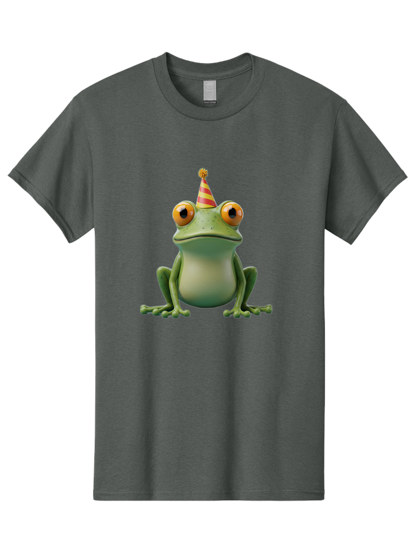 Party-Frog-1 Men'S Graphic Tee, 100% Cotton, Comfortable Casual Summer Wear, Machine Washable, Funny Frog, Cartoon Character, Party Hat, Celebration Theme, Festive Atmosphere, Birthday Party, Humorous Illustration, 3D Rendering, Comical Eyes Bac209