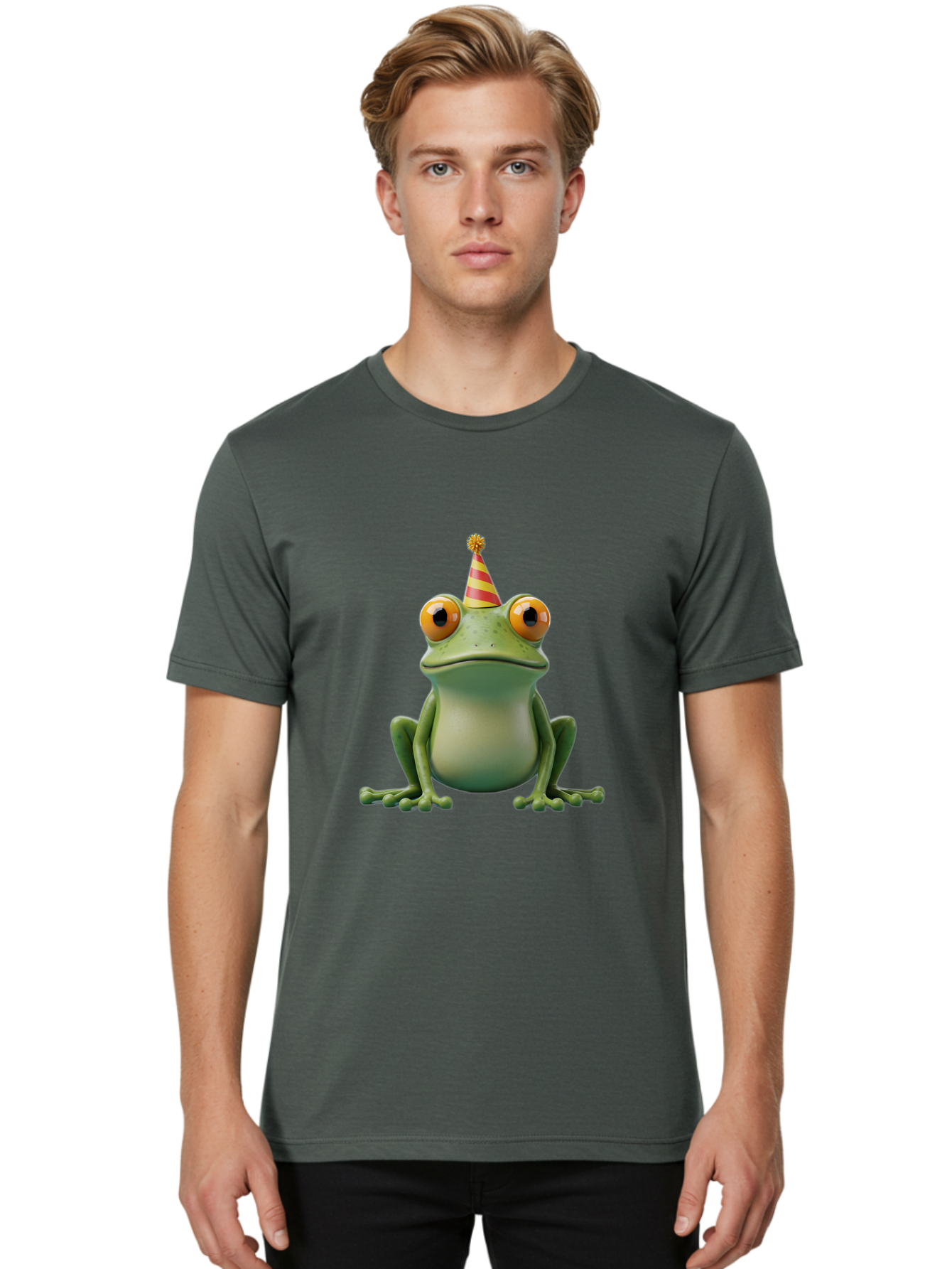 Party-Frog-1 Men'S Graphic Tee, 100% Cotton, Comfortable Casual Summer Wear, Machine Washable, Funny Frog, Cartoon Character, Party Hat, Celebration Theme, Festive Atmosphere, Birthday Party, Humorous Illustration, 3D Rendering, Comical Eyes Bac209