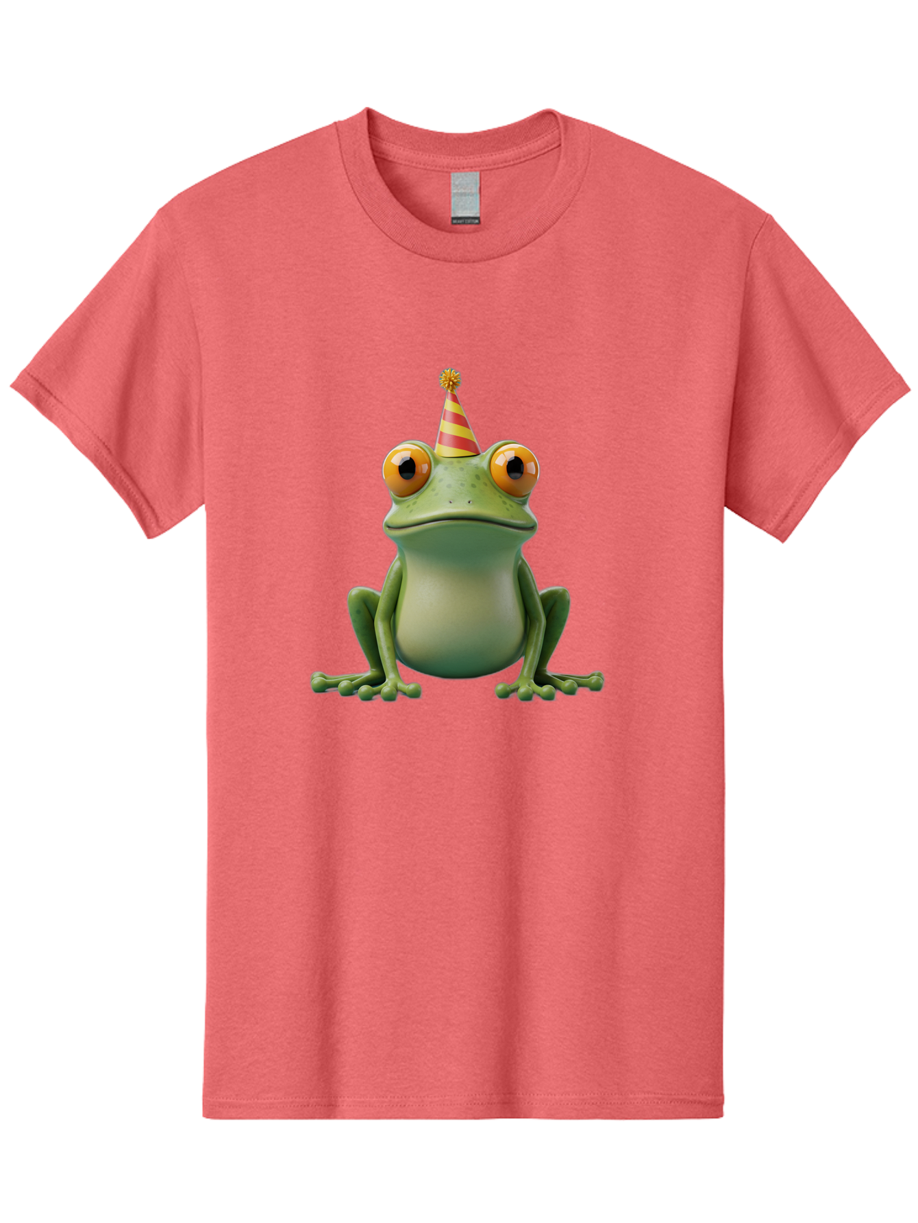 Party-Frog-1 Men'S Graphic Tee, 100% Cotton, Comfortable Casual Summer Wear, Machine Washable, Funny Frog, Cartoon Character, Party Hat, Celebration Theme, Festive Atmosphere, Birthday Party, Humorous Illustration, 3D Rendering, Comical Eyes Bac209