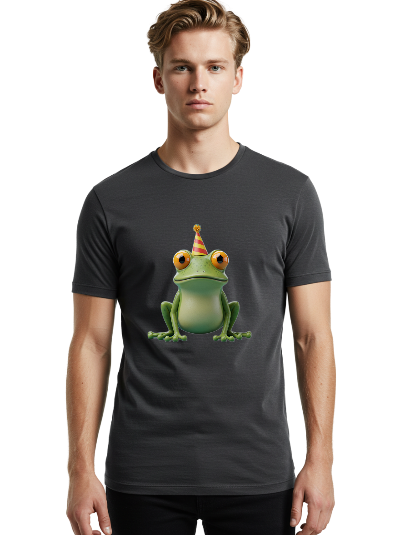 Party-Frog-1 Men'S Graphic Tee, 100% Cotton, Comfortable Casual Summer Wear, Machine Washable, Funny Frog, Cartoon Character, Party Hat, Celebration Theme, Festive Atmosphere, Birthday Party, Humorous Illustration, 3D Rendering, Comical Eyes Bac209