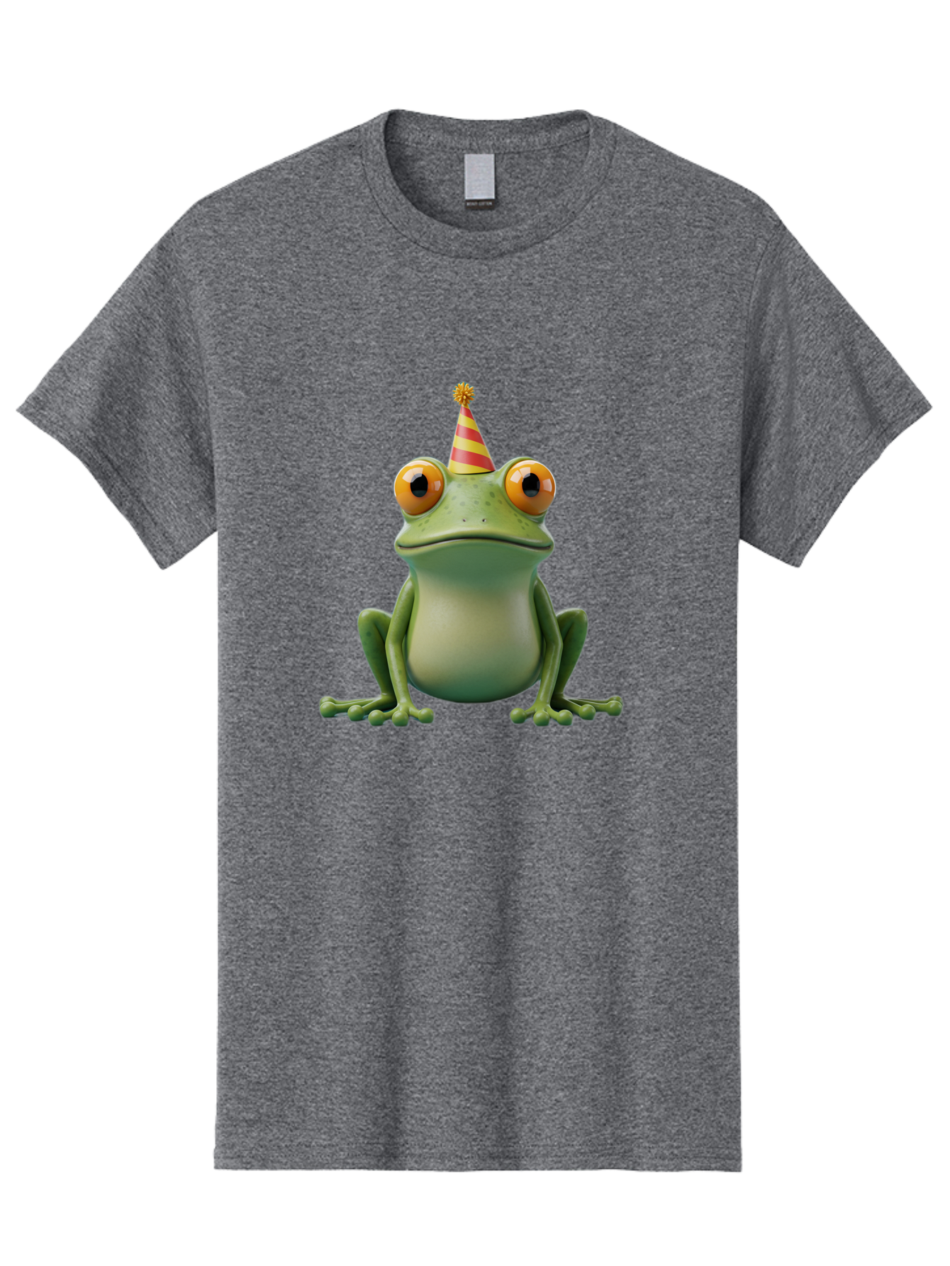 Party-Frog-1 Men'S Graphic Tee, 100% Cotton, Comfortable Casual Summer Wear, Machine Washable, Funny Frog, Cartoon Character, Party Hat, Celebration Theme, Festive Atmosphere, Birthday Party, Humorous Illustration, 3D Rendering, Comical Eyes Bac209