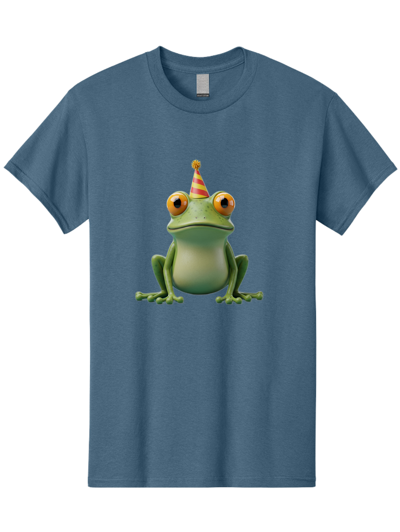 Party-Frog-1 Men'S Graphic Tee, 100% Cotton, Comfortable Casual Summer Wear, Machine Washable, Funny Frog, Cartoon Character, Party Hat, Celebration Theme, Festive Atmosphere, Birthday Party, Humorous Illustration, 3D Rendering, Comical Eyes Bac209
