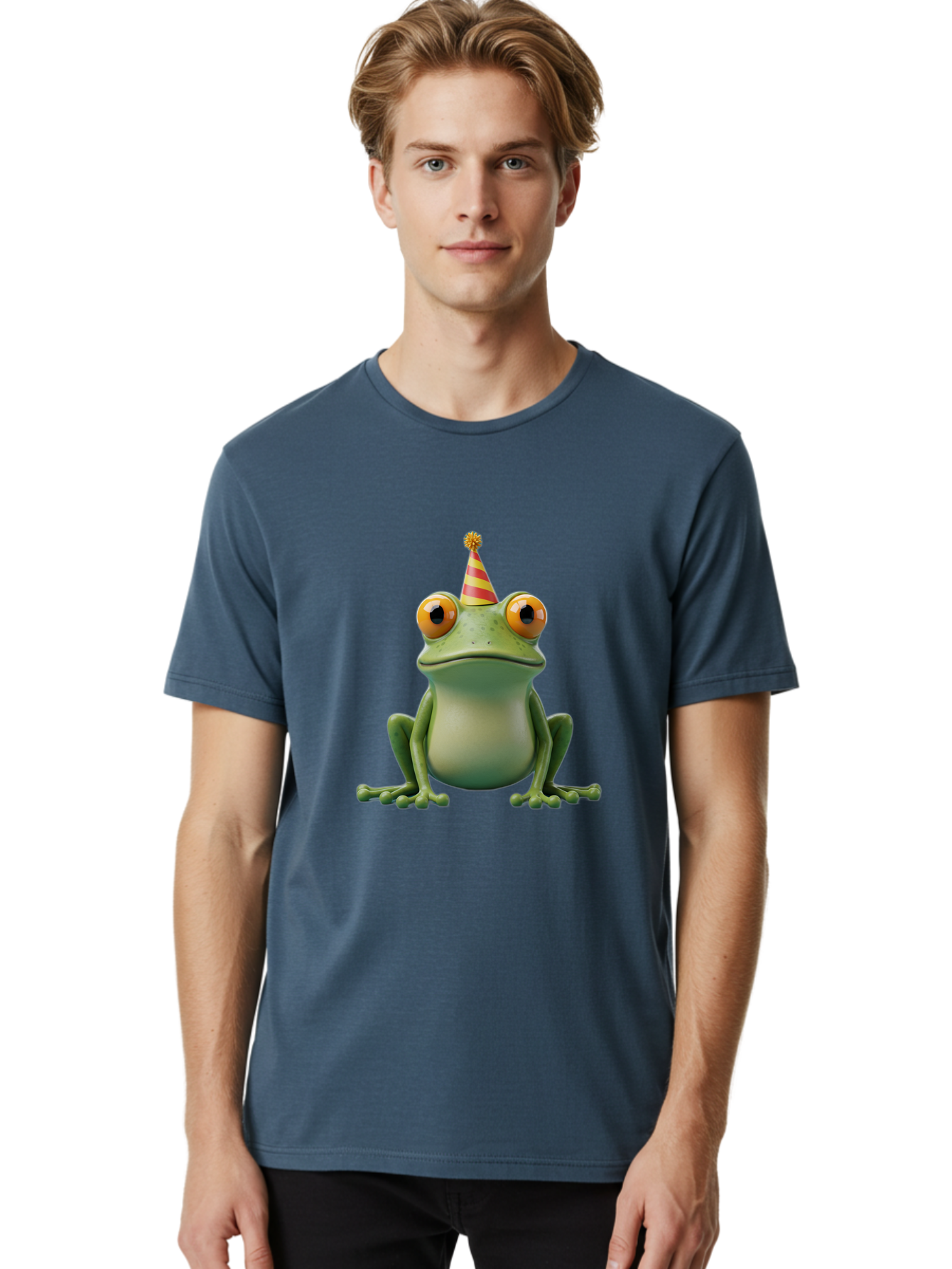 Party-Frog-1 Men'S Graphic Tee, 100% Cotton, Comfortable Casual Summer Wear, Machine Washable, Funny Frog, Cartoon Character, Party Hat, Celebration Theme, Festive Atmosphere, Birthday Party, Humorous Illustration, 3D Rendering, Comical Eyes Bac209