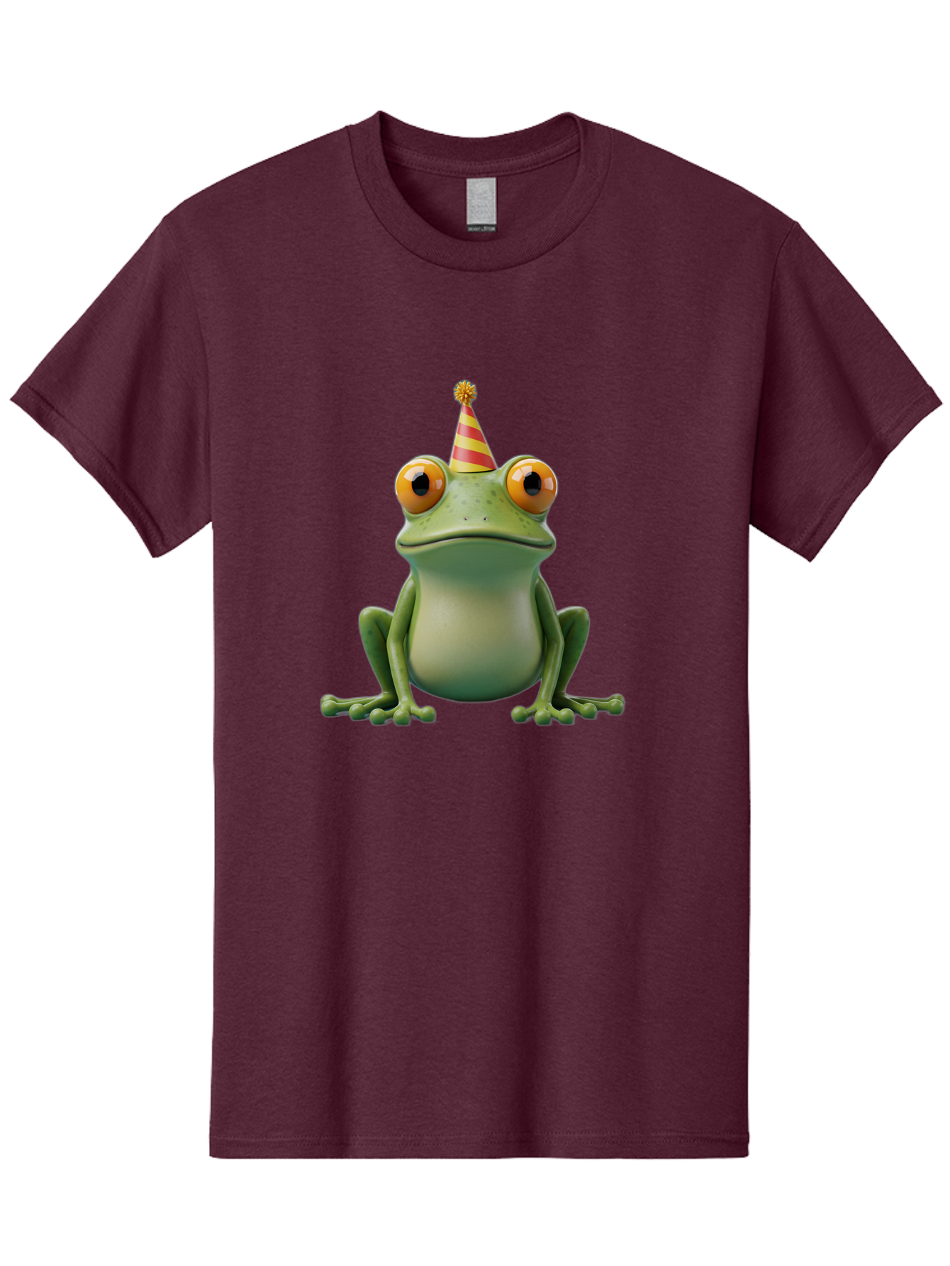 Party-Frog-1 Men'S Graphic Tee, 100% Cotton, Comfortable Casual Summer Wear, Machine Washable, Funny Frog, Cartoon Character, Party Hat, Celebration Theme, Festive Atmosphere, Birthday Party, Humorous Illustration, 3D Rendering, Comical Eyes Bac209