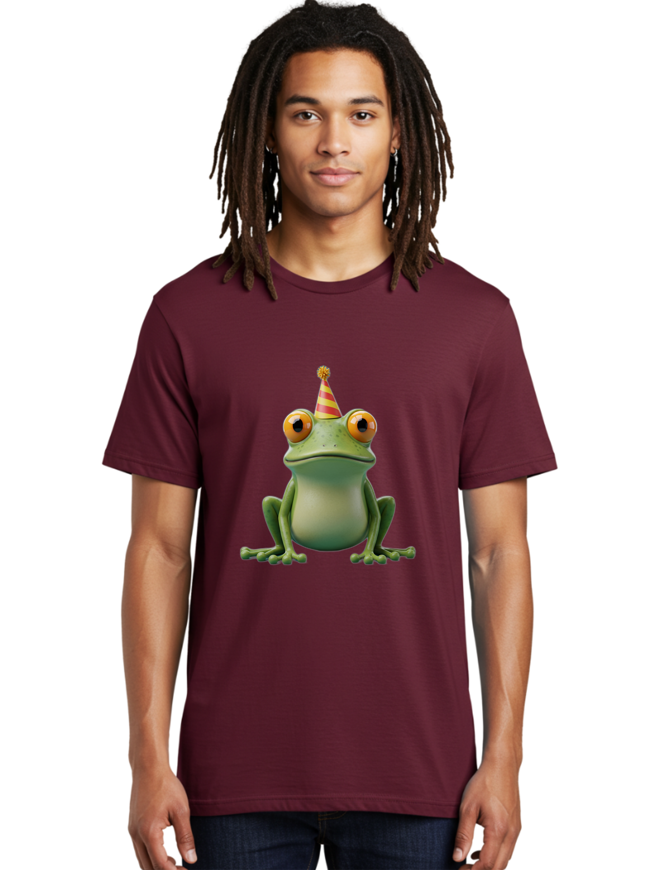 Party-Frog-1 Men'S Graphic Tee, 100% Cotton, Comfortable Casual Summer Wear, Machine Washable, Funny Frog, Cartoon Character, Party Hat, Celebration Theme, Festive Atmosphere, Birthday Party, Humorous Illustration, 3D Rendering, Comical Eyes Bac209