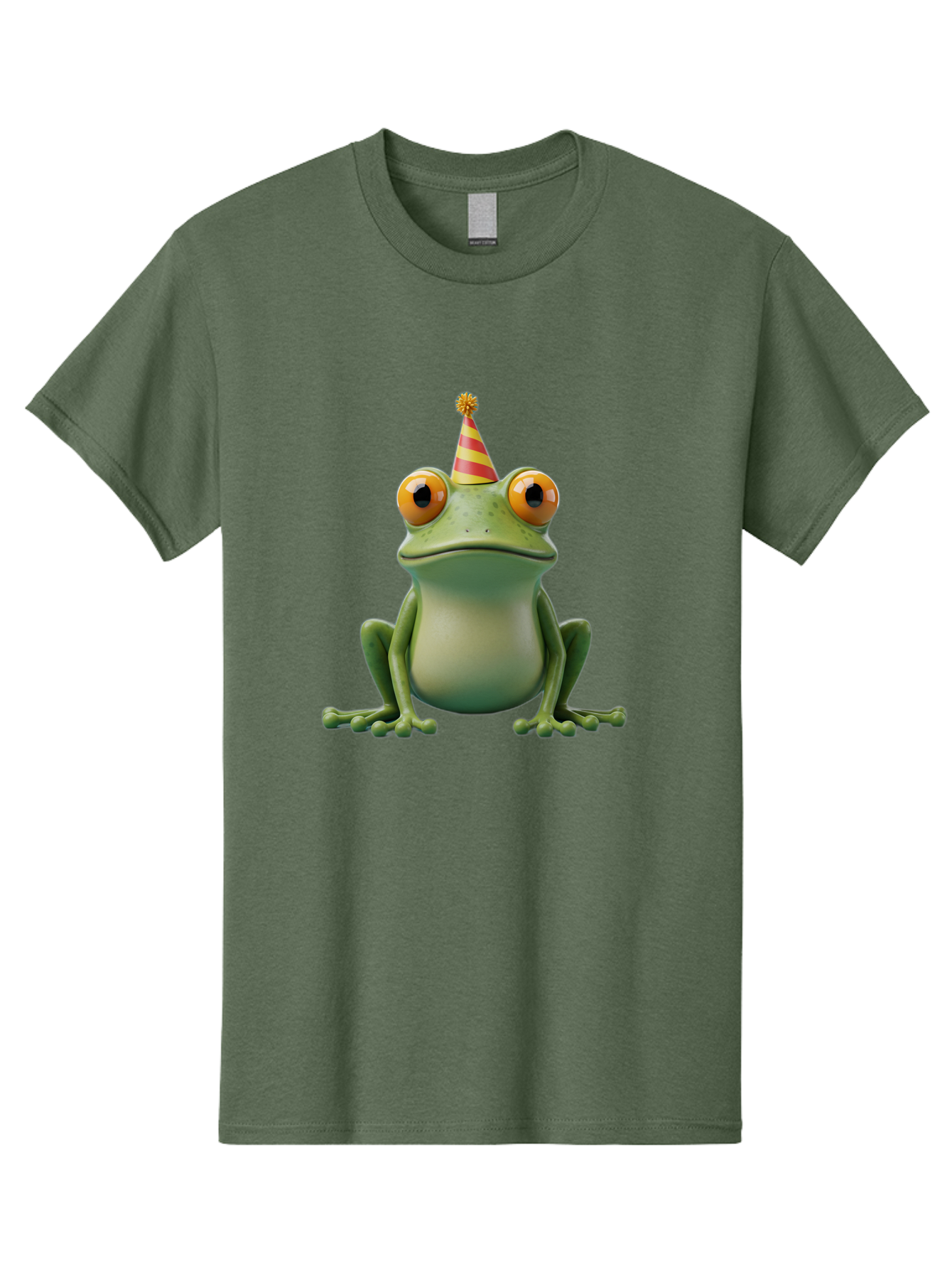 Party-Frog-1 Men'S Graphic Tee, 100% Cotton, Comfortable Casual Summer Wear, Machine Washable, Funny Frog, Cartoon Character, Party Hat, Celebration Theme, Festive Atmosphere, Birthday Party, Humorous Illustration, 3D Rendering, Comical Eyes Bac209