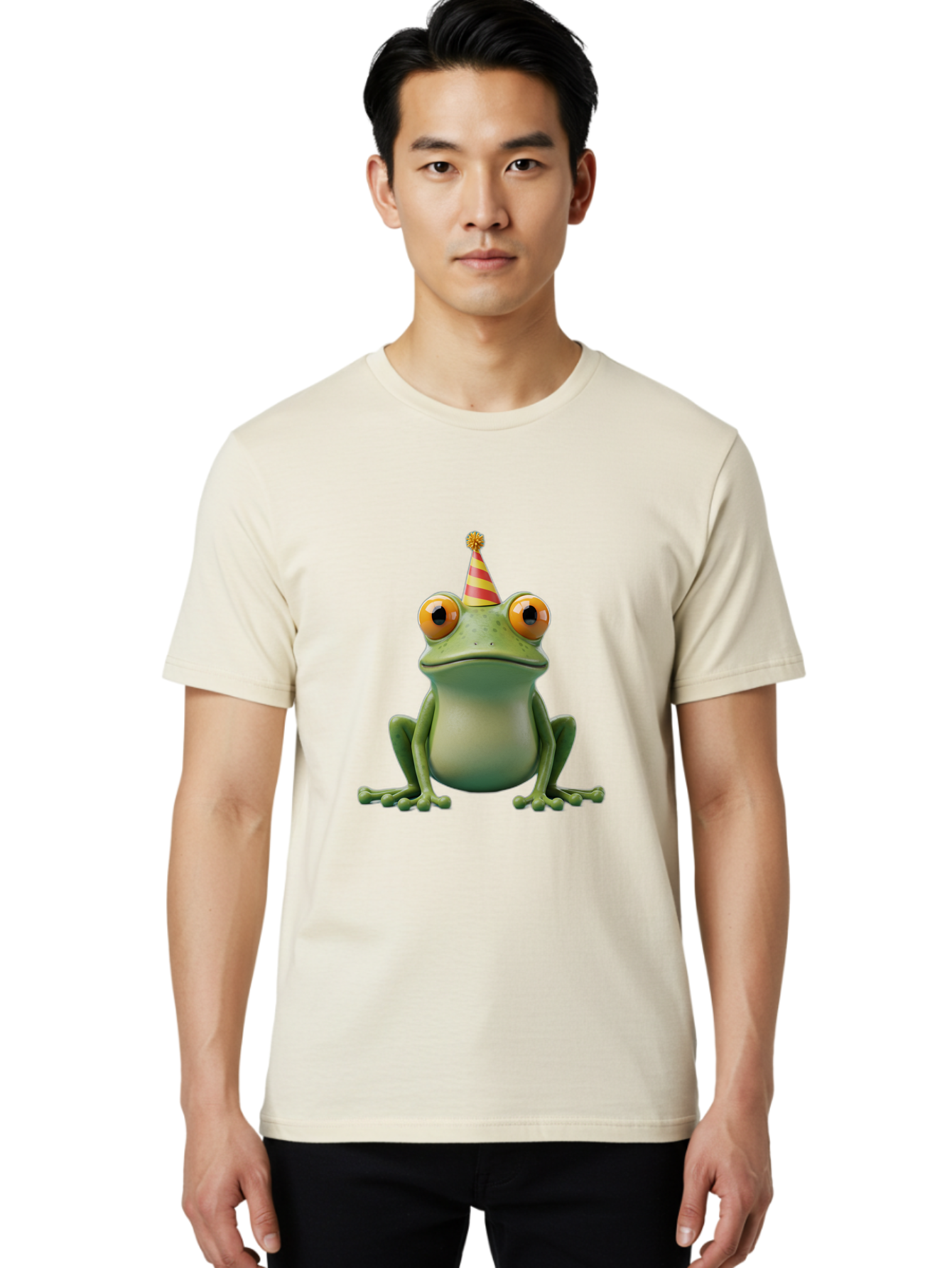 Party-Frog-1 Men'S Graphic Tee, 100% Cotton, Comfortable Casual Summer Wear, Machine Washable, Funny Frog, Cartoon Character, Party Hat, Celebration Theme, Festive Atmosphere, Birthday Party, Humorous Illustration, 3D Rendering, Comical Eyes Bac209