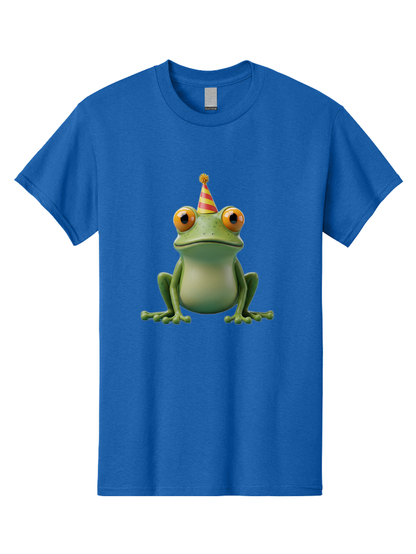 Party-Frog-1 Men'S Graphic Tee, 100% Cotton, Comfortable Casual Summer Wear, Machine Washable, Funny Frog, Cartoon Character, Party Hat, Celebration Theme, Festive Atmosphere, Birthday Party, Humorous Illustration, 3D Rendering, Comical Eyes Bac209