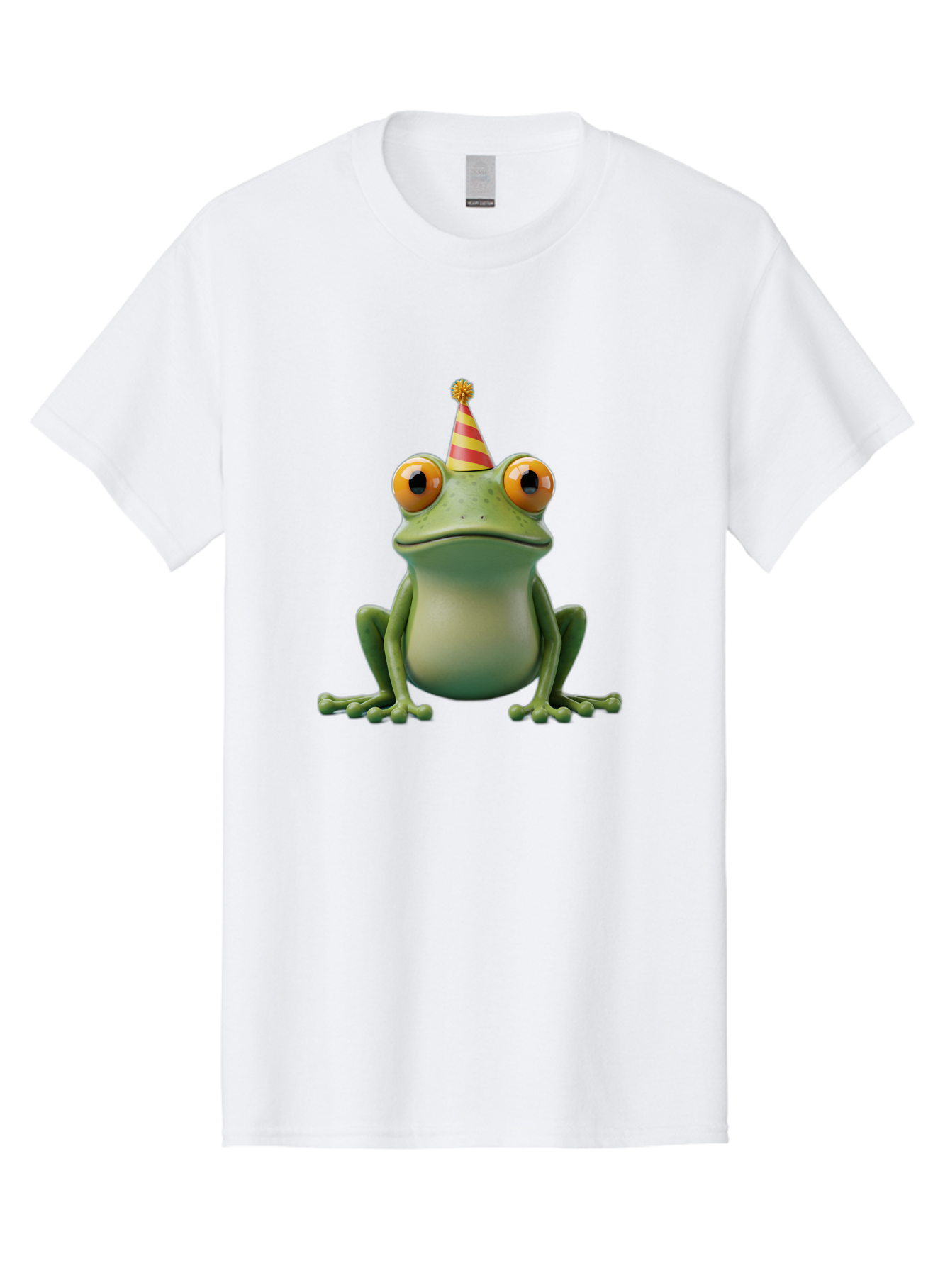 Party-Frog-1 Men'S Graphic Tee, 100% Cotton, Comfortable Casual Summer Wear, Machine Washable, Funny Frog, Cartoon Character, Party Hat, Celebration Theme, Festive Atmosphere, Birthday Party, Humorous Illustration, 3D Rendering, Comical Eyes Bac209