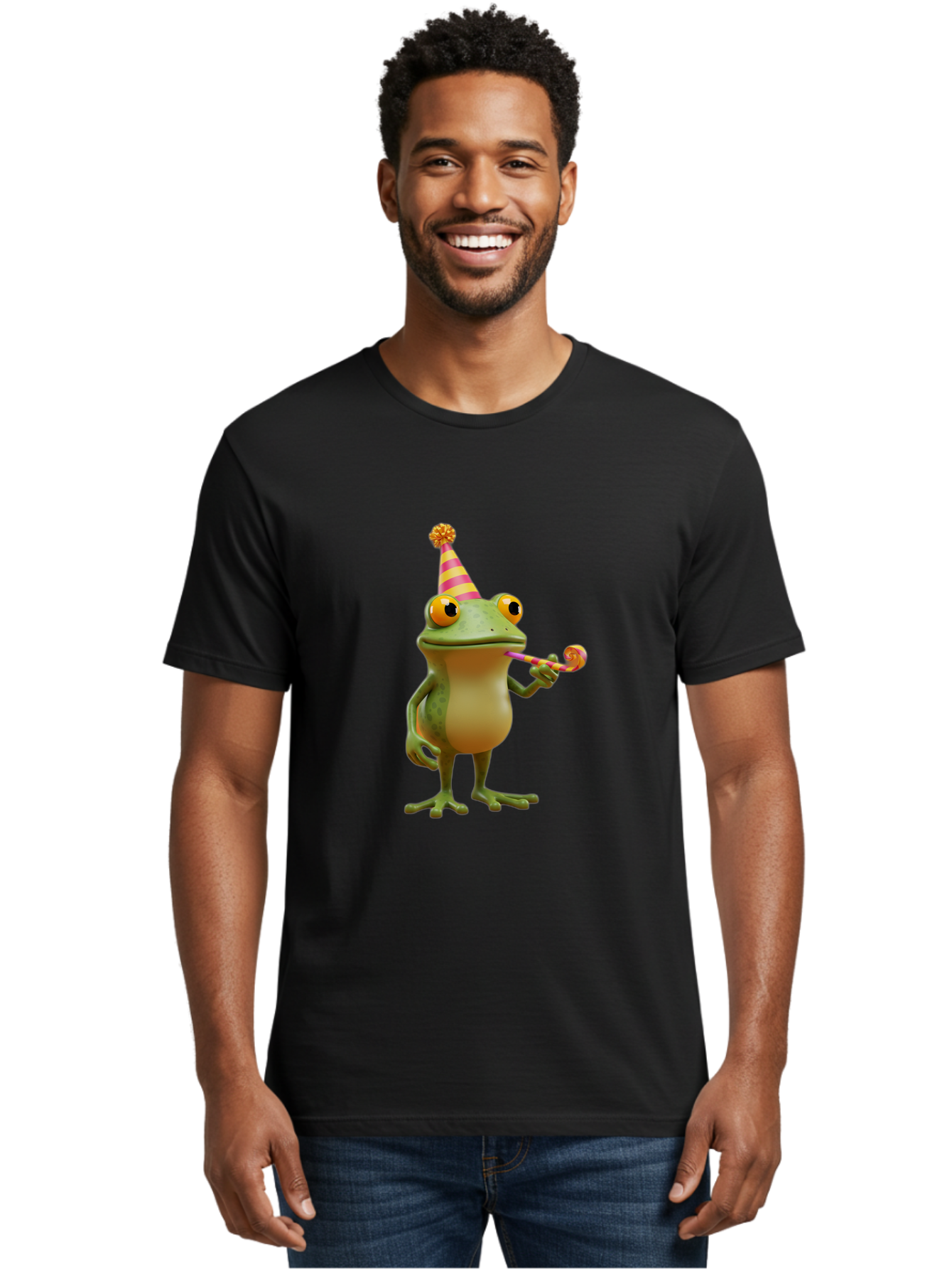 Party-Frog-2 Men'S Graphic Tee, 100% Cotton, Comfortable Casual Summer Wear, Machine Washable, Funny Cartoon Frog, Party Hat, Blowout Noise Maker, Playful Gesture, Whimsical Character, Vibrant Colors, Celebratory Mood, Comical Image, Bac210