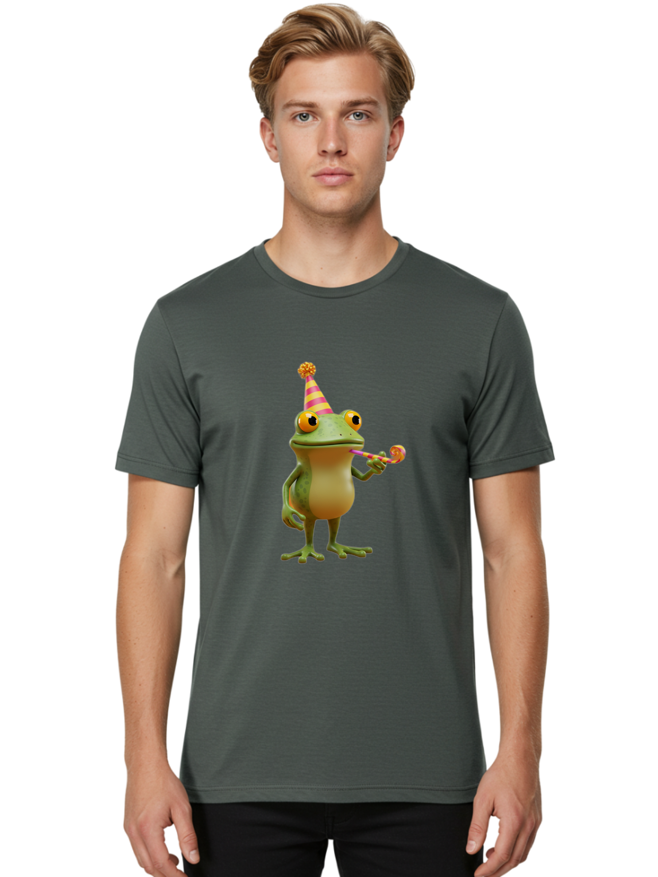 Party-Frog-2 Men'S Graphic Tee, 100% Cotton, Comfortable Casual Summer Wear, Machine Washable, Funny Cartoon Frog, Party Hat, Blowout Noise Maker, Playful Gesture, Whimsical Character, Vibrant Colors, Celebratory Mood, Comical Image, Bac210