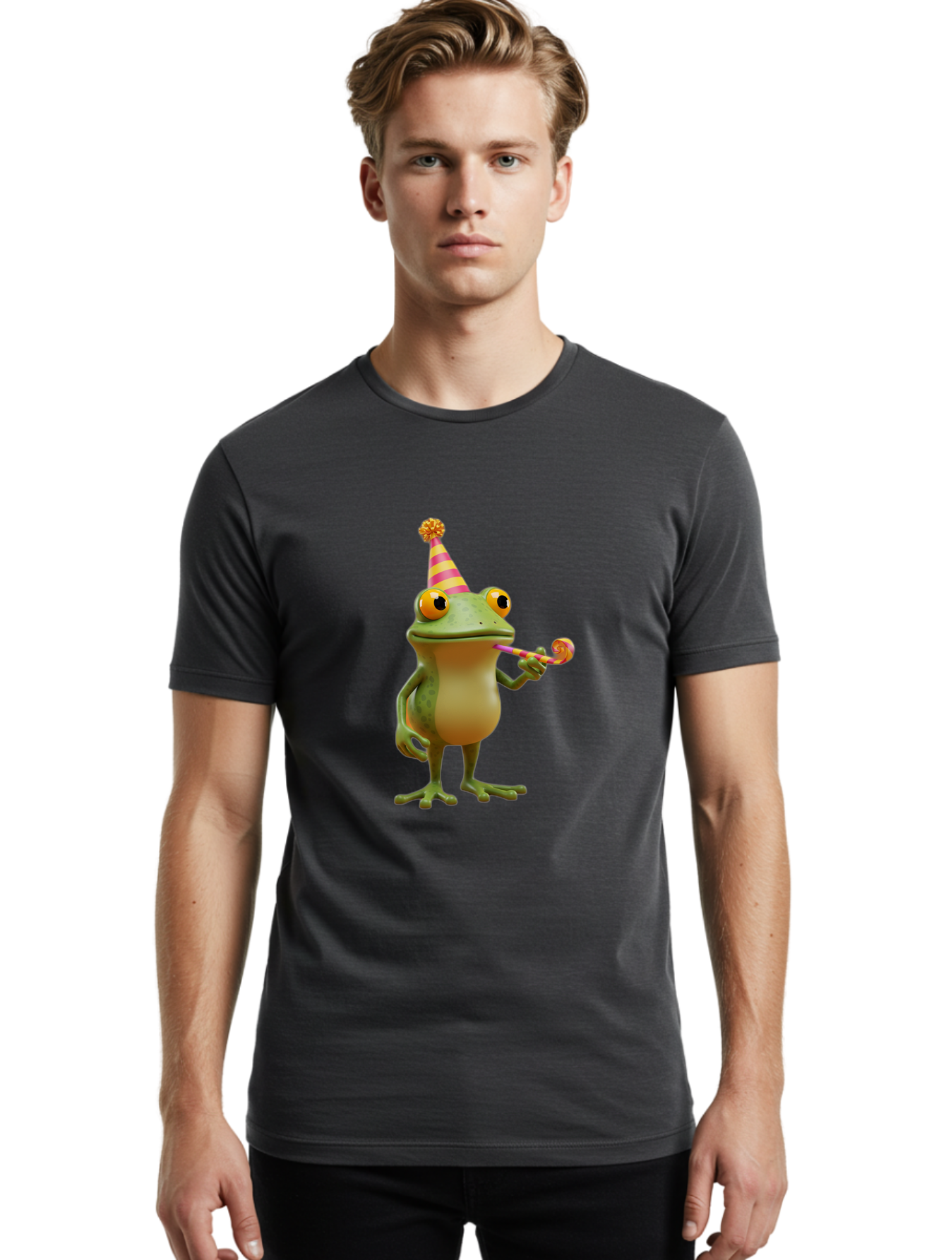 Party-Frog-2 Men'S Graphic Tee, 100% Cotton, Comfortable Casual Summer Wear, Machine Washable, Funny Cartoon Frog, Party Hat, Blowout Noise Maker, Playful Gesture, Whimsical Character, Vibrant Colors, Celebratory Mood, Comical Image, Bac210