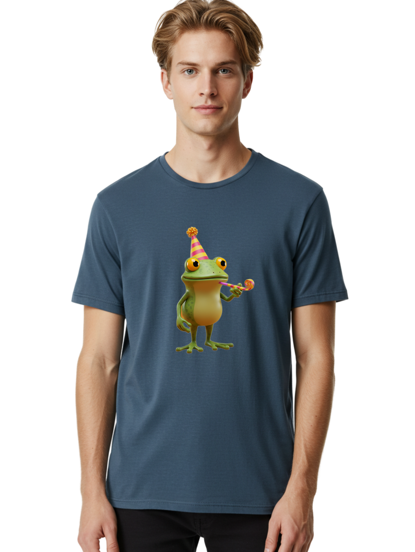 Party-Frog-2 Men'S Graphic Tee, 100% Cotton, Comfortable Casual Summer Wear, Machine Washable, Funny Cartoon Frog, Party Hat, Blowout Noise Maker, Playful Gesture, Whimsical Character, Vibrant Colors, Celebratory Mood, Comical Image, Bac210