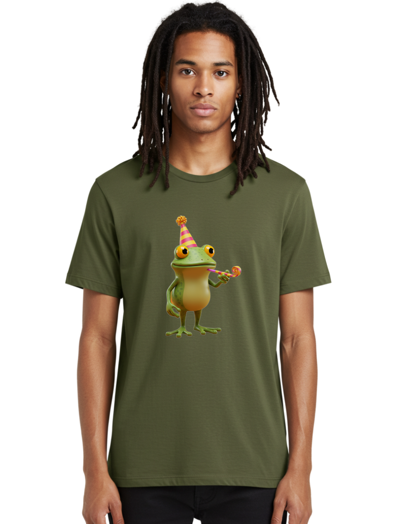 Party-Frog-2 Men'S Graphic Tee, 100% Cotton, Comfortable Casual Summer Wear, Machine Washable, Funny Cartoon Frog, Party Hat, Blowout Noise Maker, Playful Gesture, Whimsical Character, Vibrant Colors, Celebratory Mood, Comical Image, Bac210