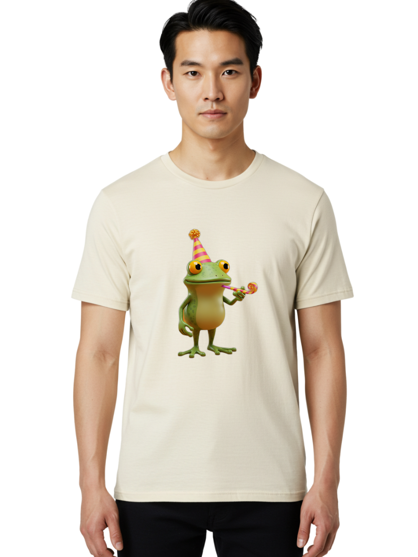Party-Frog-2 Men'S Graphic Tee, 100% Cotton, Comfortable Casual Summer Wear, Machine Washable, Funny Cartoon Frog, Party Hat, Blowout Noise Maker, Playful Gesture, Whimsical Character, Vibrant Colors, Celebratory Mood, Comical Image, Bac210