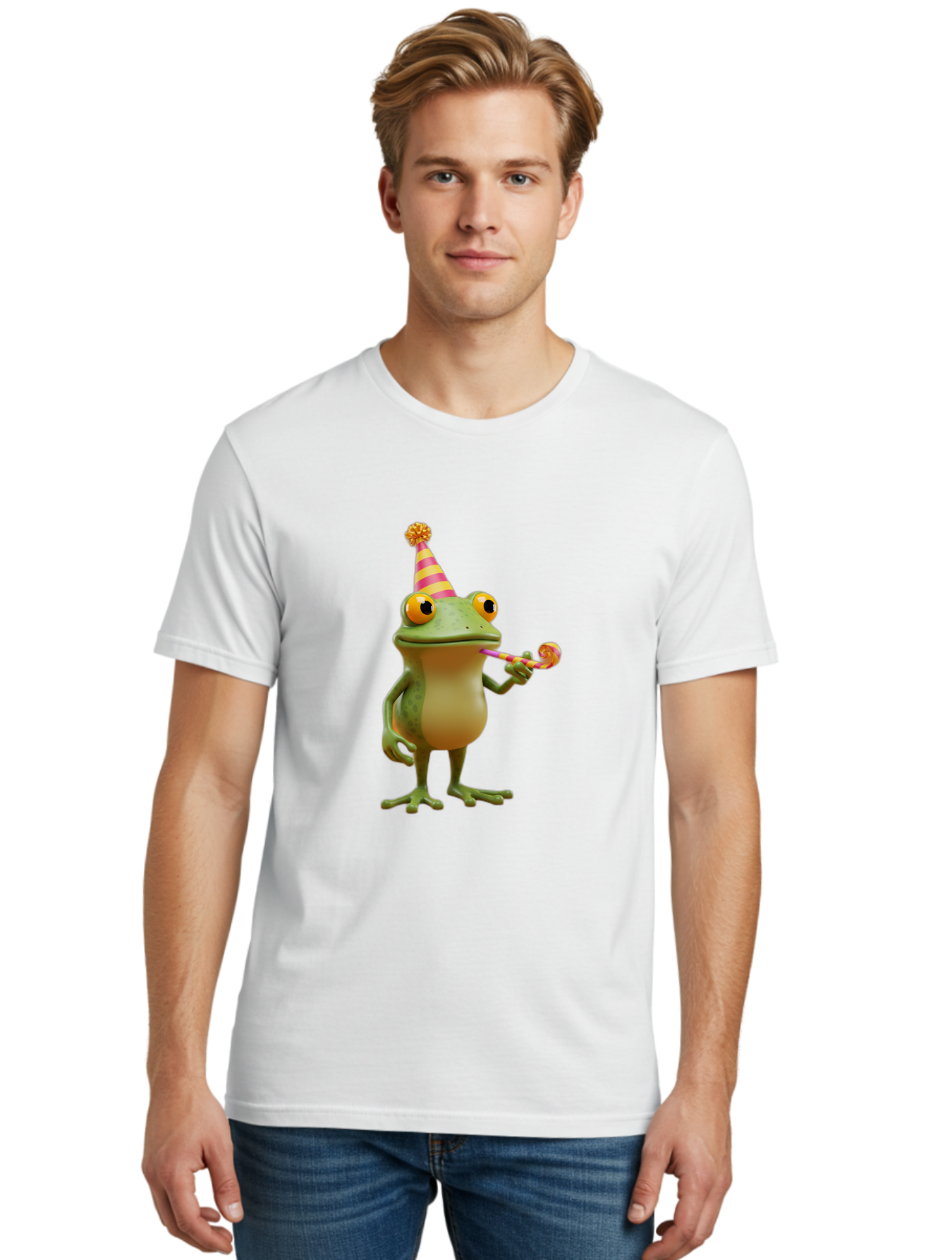 Party-Frog-2 Men'S Graphic Tee, 100% Cotton, Comfortable Casual Summer Wear, Machine Washable, Funny Cartoon Frog, Party Hat, Blowout Noise Maker, Playful Gesture, Whimsical Character, Vibrant Colors, Celebratory Mood, Comical Image, Bac210