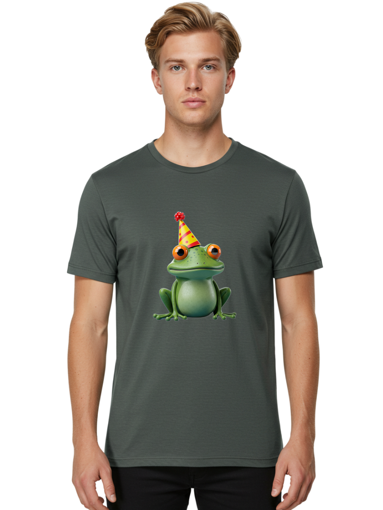 Party-Frog-3 Men'S Graphic Tee, 100% Cotton, Comfortable Casual Summer Wear, Machine Washable, Cartoon Frog, Party Hat, Festive Atmosphere, Celebration Mode, Fun And Playful, Vibrant Colors, Happy Mood, 3D Rendering, Humorous Character, Bac211