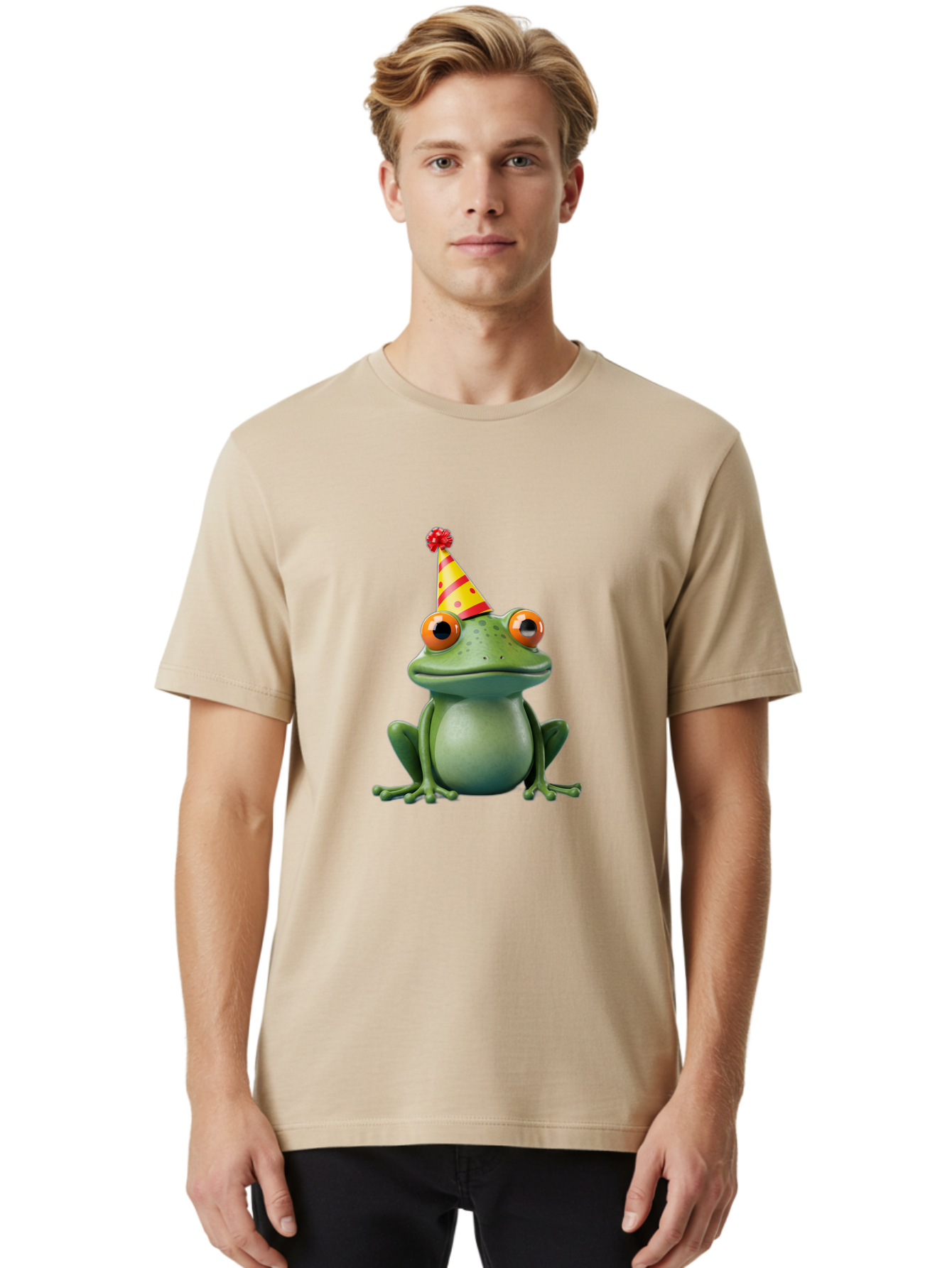 Party-Frog-3 Men'S Graphic Tee, 100% Cotton, Comfortable Casual Summer Wear, Machine Washable, Cartoon Frog, Party Hat, Festive Atmosphere, Celebration Mode, Fun And Playful, Vibrant Colors, Happy Mood, 3D Rendering, Humorous Character, Bac211