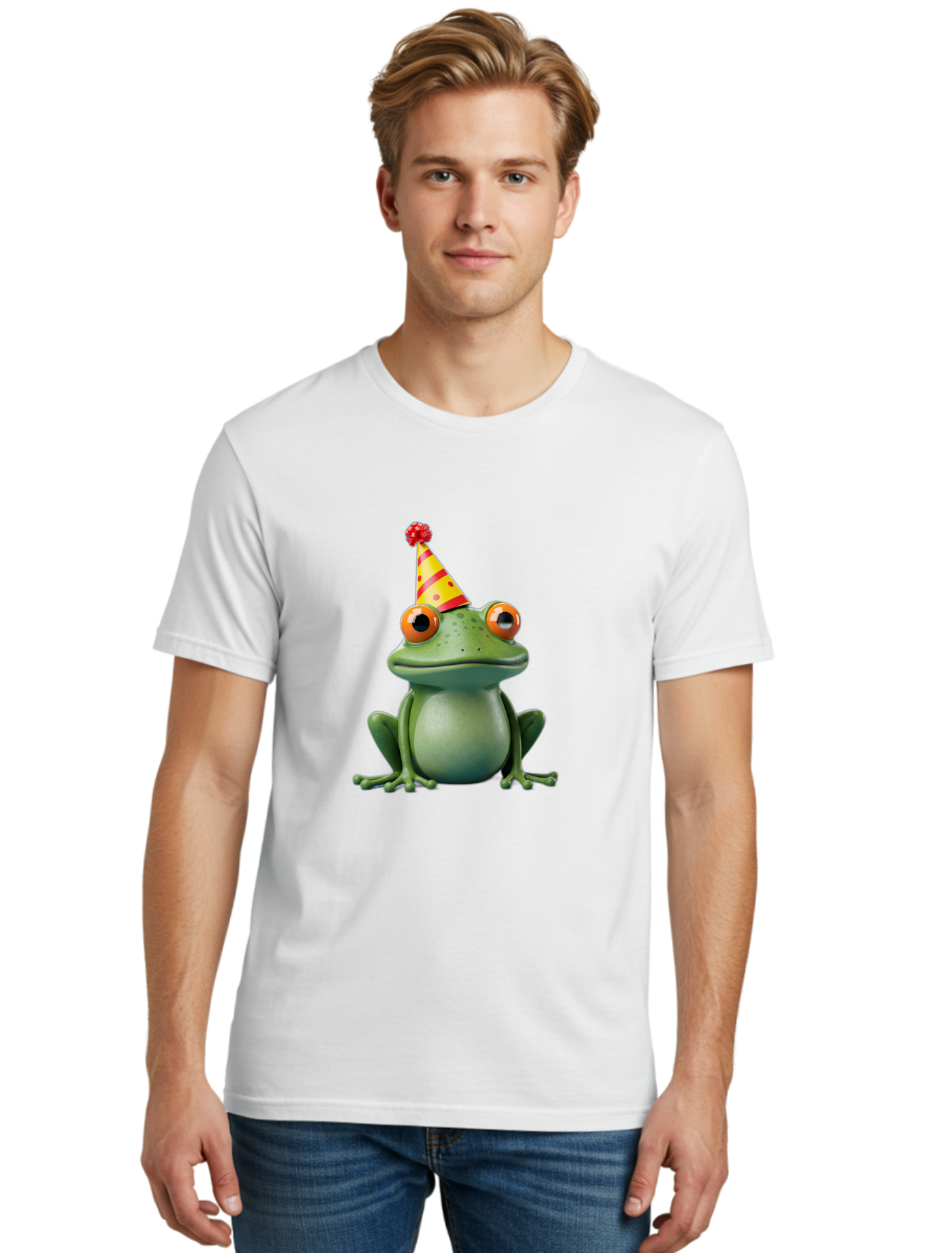 Party-Frog-3 Men'S Graphic Tee, 100% Cotton, Comfortable Casual Summer Wear, Machine Washable, Cartoon Frog, Party Hat, Festive Atmosphere, Celebration Mode, Fun And Playful, Vibrant Colors, Happy Mood, 3D Rendering, Humorous Character, Bac211
